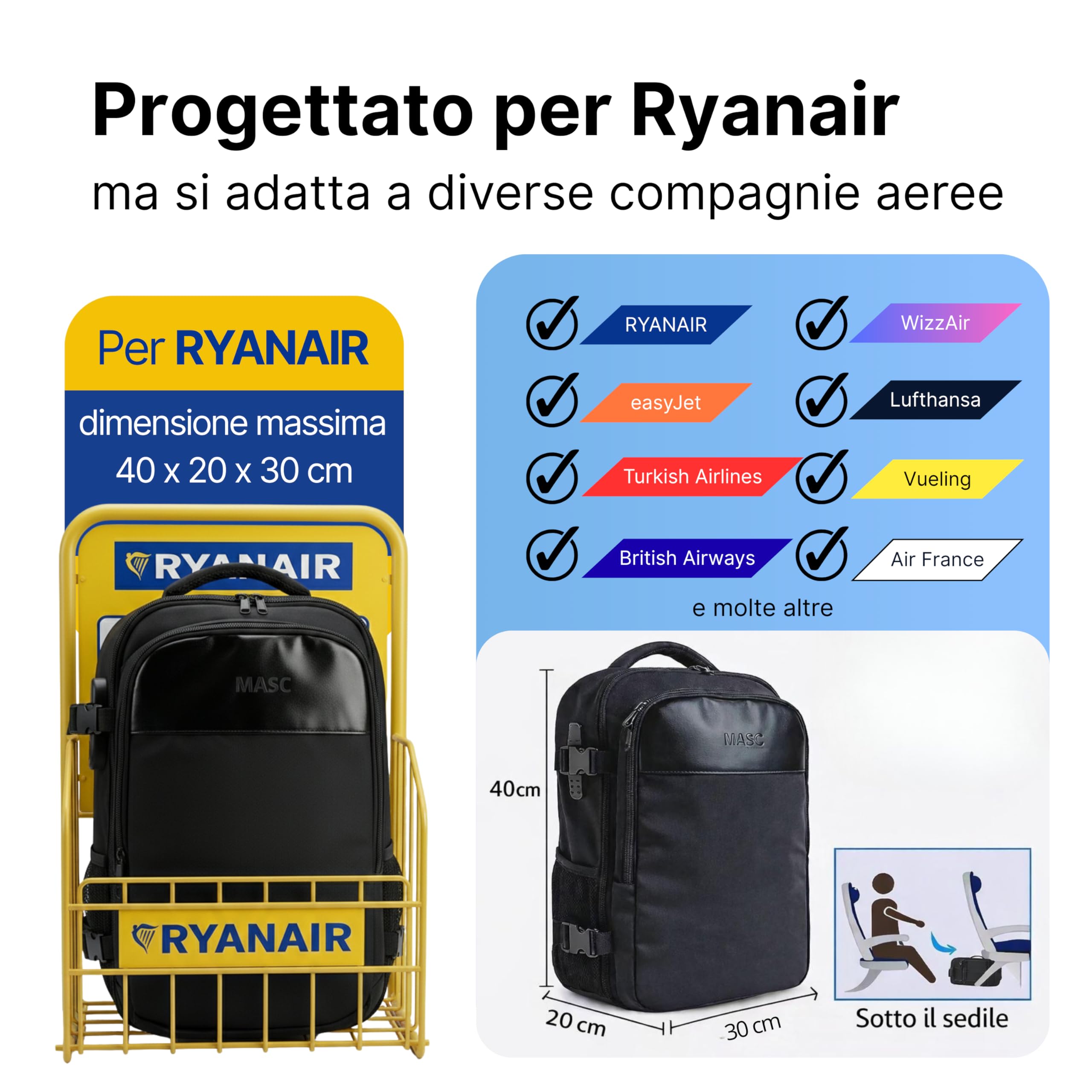Zaino Ryanair 40x30x20 da Cabina Bagaglio a Mano 24L Porta PC Portatile Impermeabile con Lucchetto e Caricatore USB