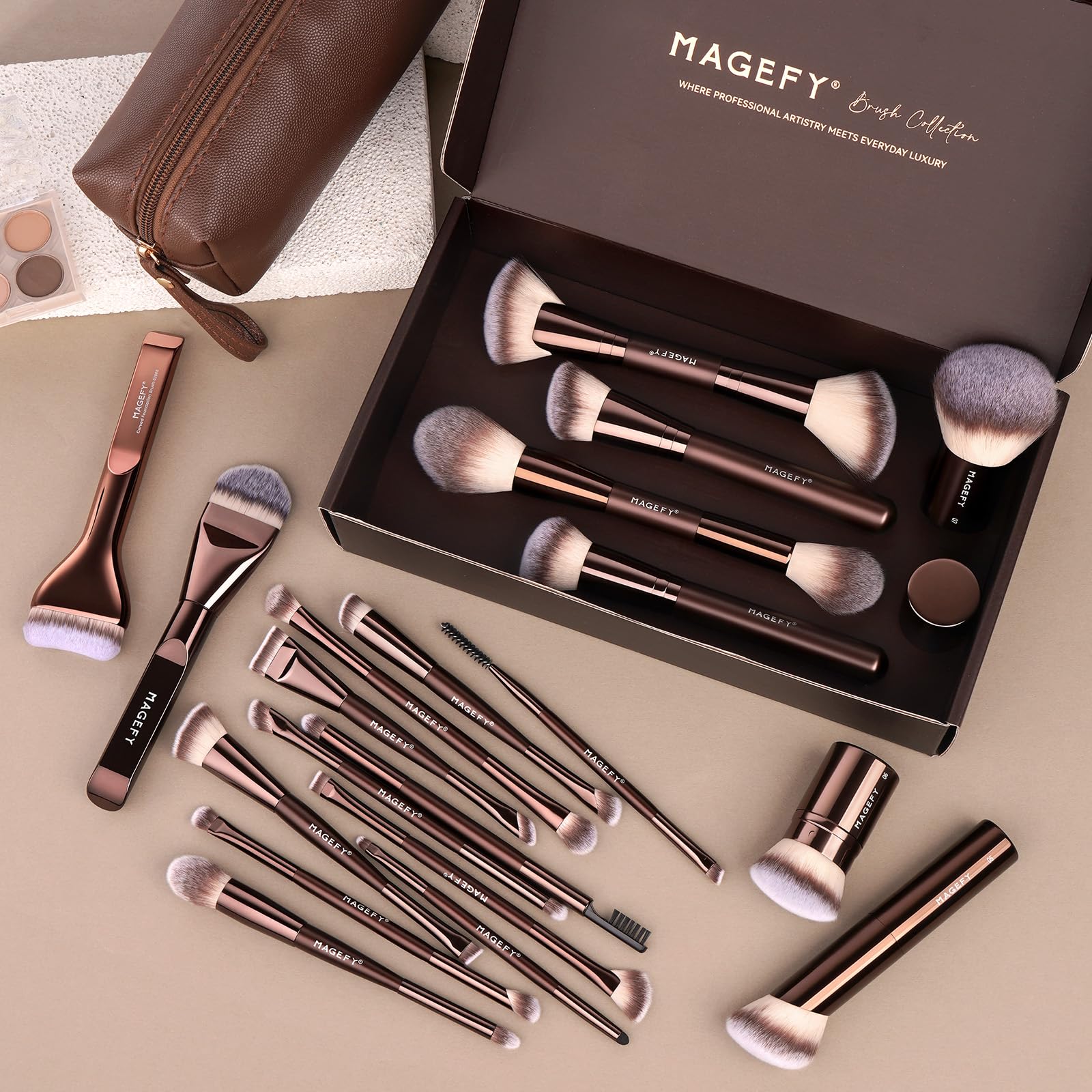 MAGEFY Make-up Pinsel 26-in-20 Professionelles Makeup Pinselset Doppelseitige Make-up-Pinsel für Puder, Concealer, Lidschatten, Rouge und Konturierung sowie Foundation Pinsel mit Etui - Kaffeegold