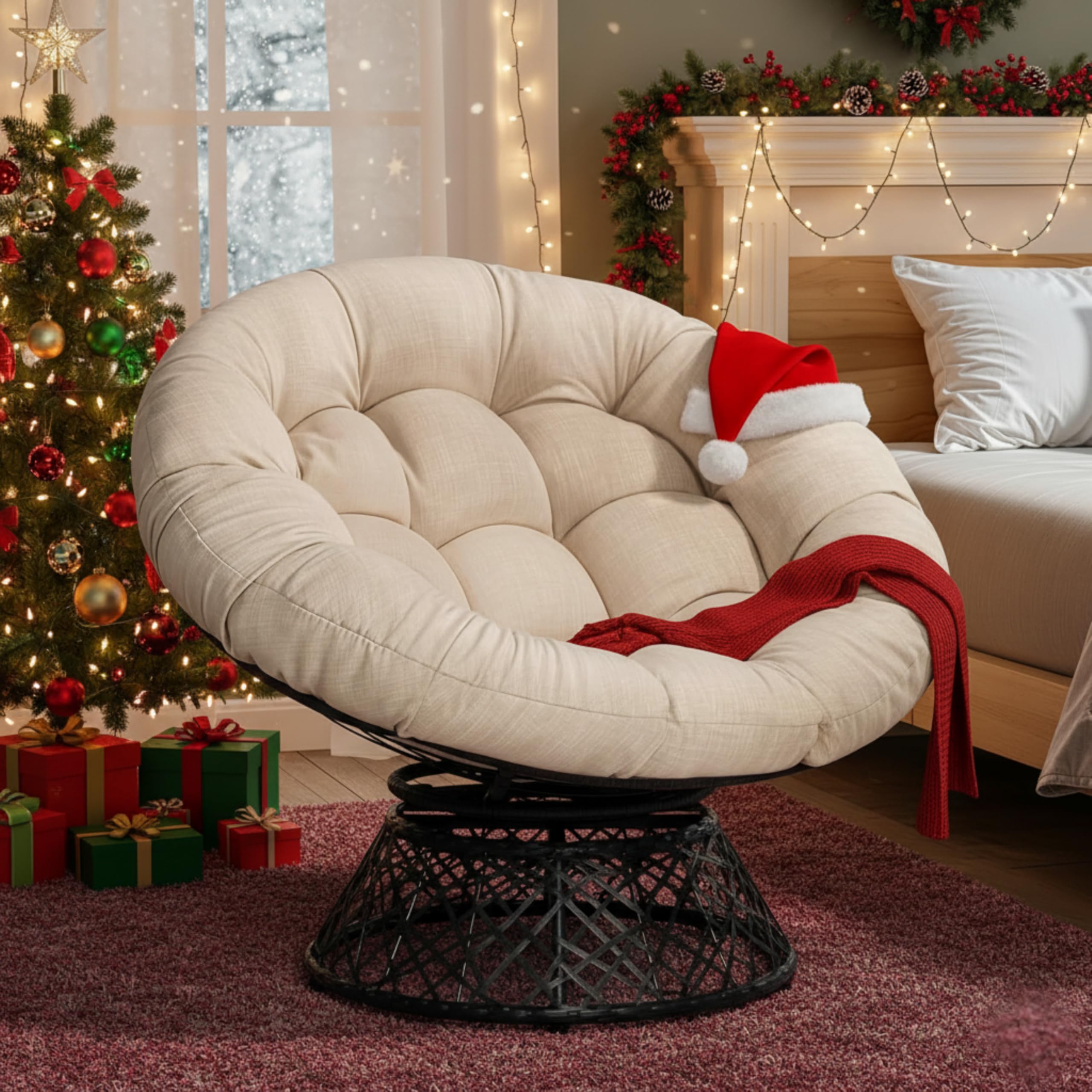 Bme 40" Ergonomic Wicker Papasan Chair with Soft Thick Density Fabric Cushion, High Capacity Steel Frame, 360 Degree Swivel for Living, Bedroom, Reading Room, Lounge, Sepia Sand - Black Base