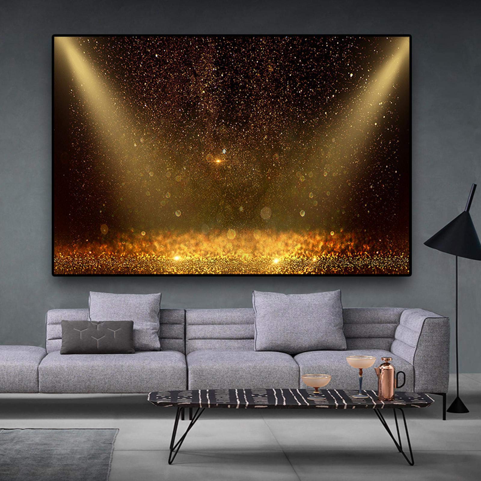 Peinture sur toile noire et or prestige pour salon contemporain chic