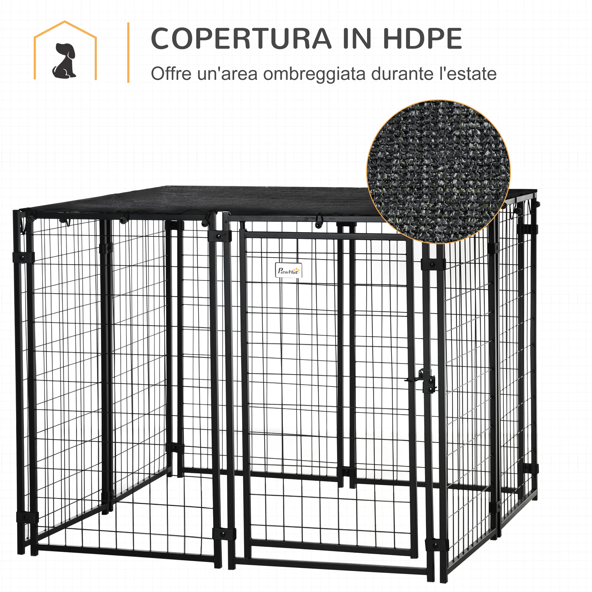 PawHut Recinto per Cani in Acciaio Pieghevole con Copertura, Box per Animali a 8 Pannelli con Porta Bloccabile, 141x141x113cm, Nero