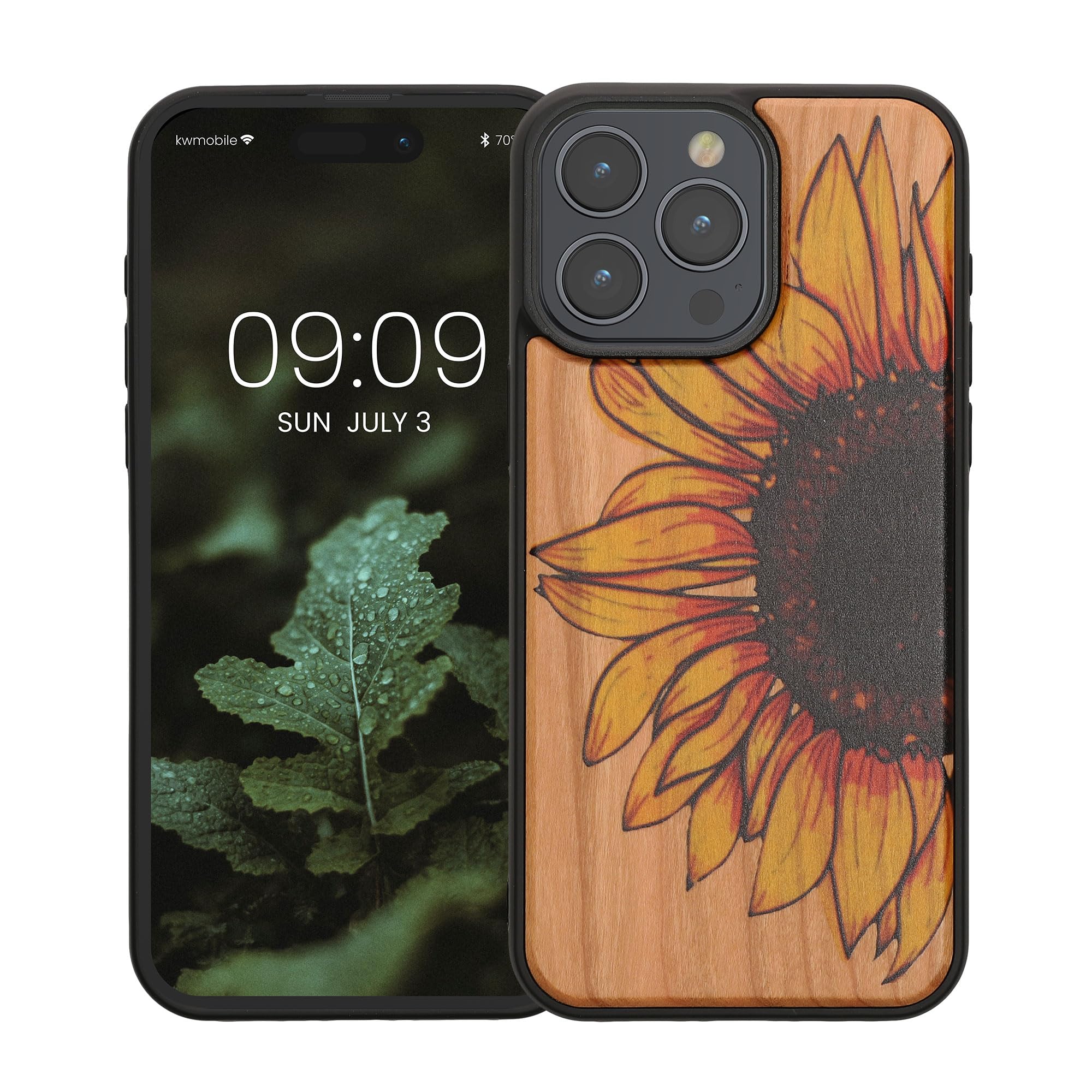 kwmobile Wood Case Compatible with iPhone 15 Pro Max Case - Cover - Wood Sunflower Yellow/Dark Brown/Light Brown - Image 4
