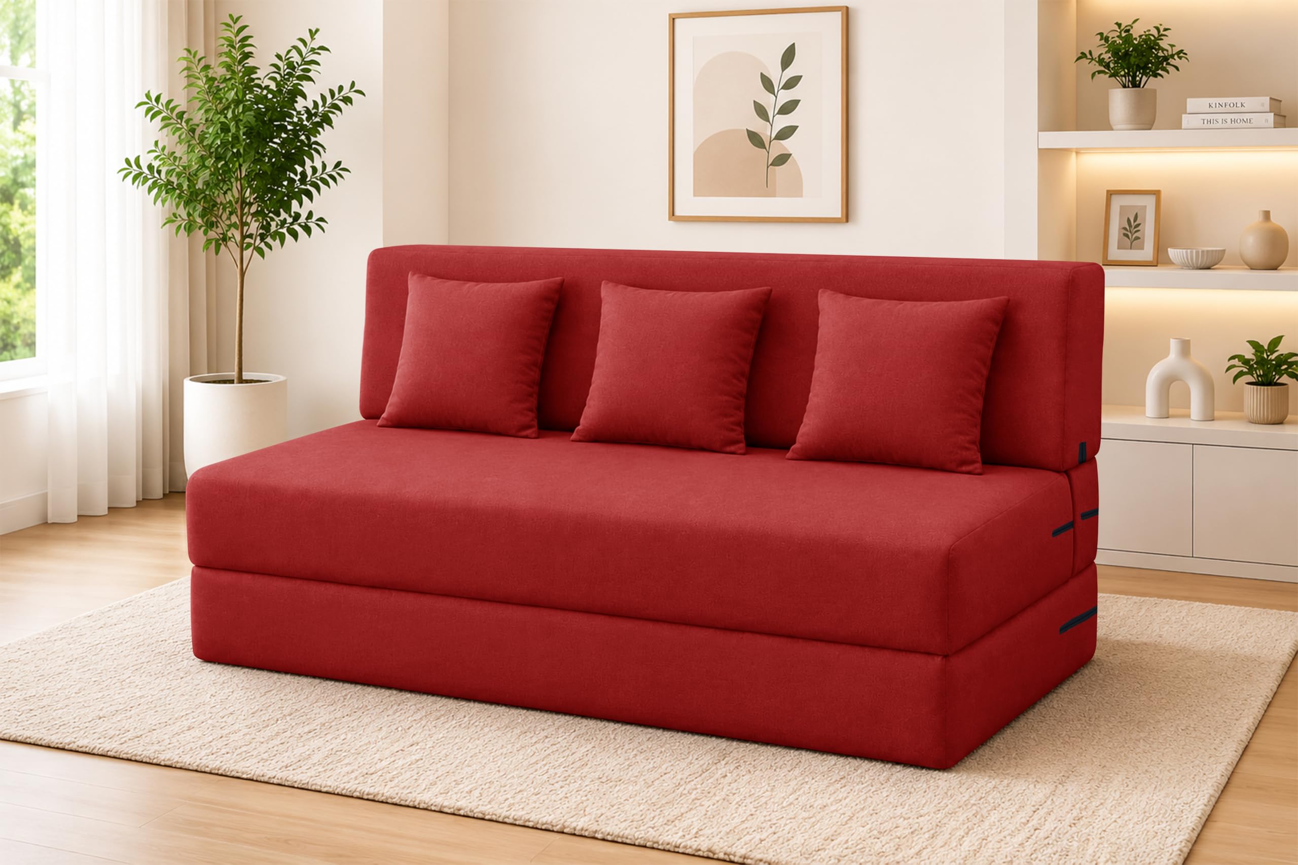 Los Angeles Foldable Three Seater Sofa Cum Bed, Sofa Bed 5 X 6 Feet Jute Fabric Washable Cover- Including Cushion Perfect for Living Room - Red Color