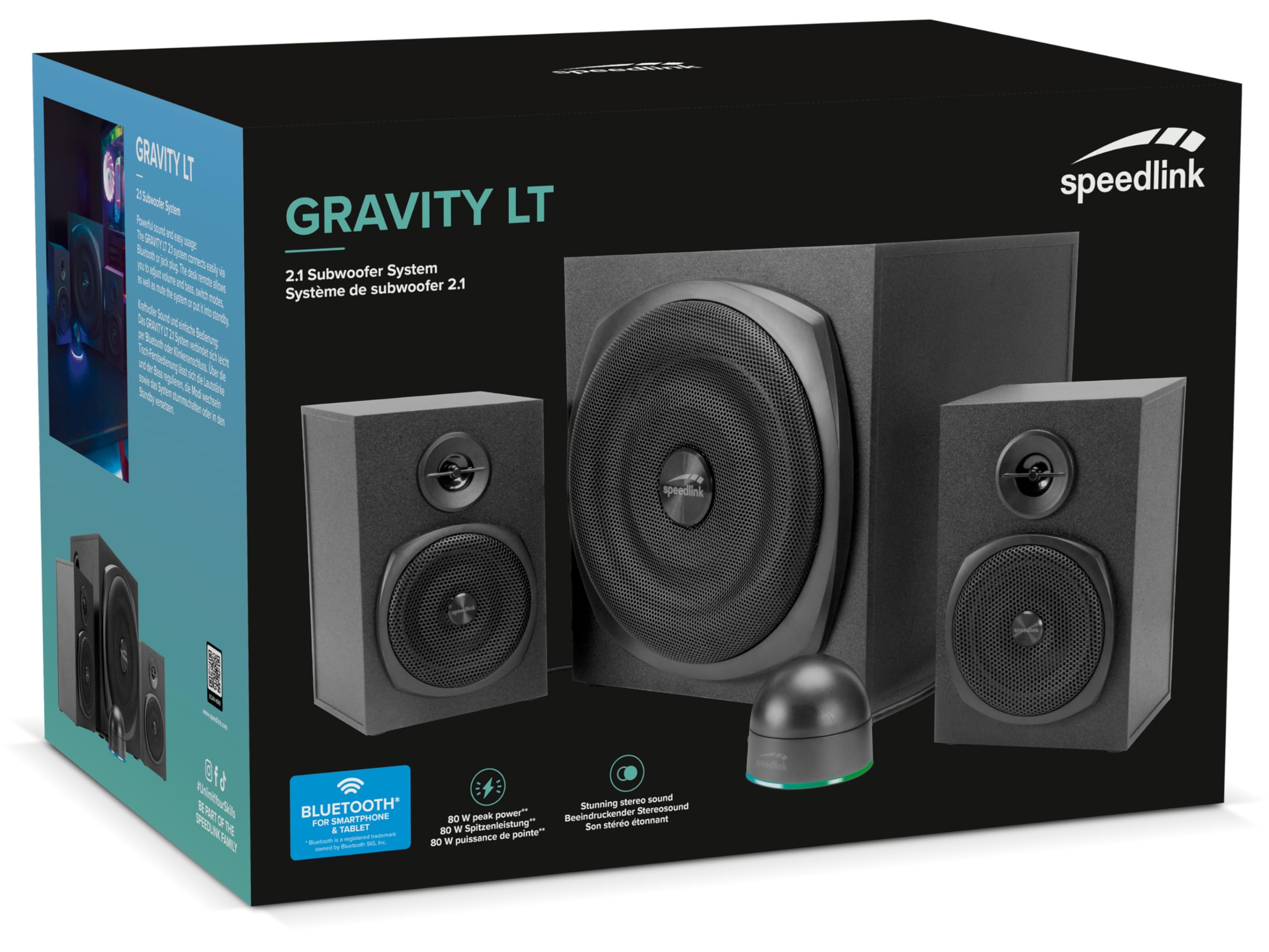 Speedlink GRAVITY LT głośniki komputerowe 2.1 z Bluetooth - z drewnianym subwooferem, aktywny system głośników 80 W, gniazdo AUX 3,5 mm, pilot biurkowy RGB, czarny