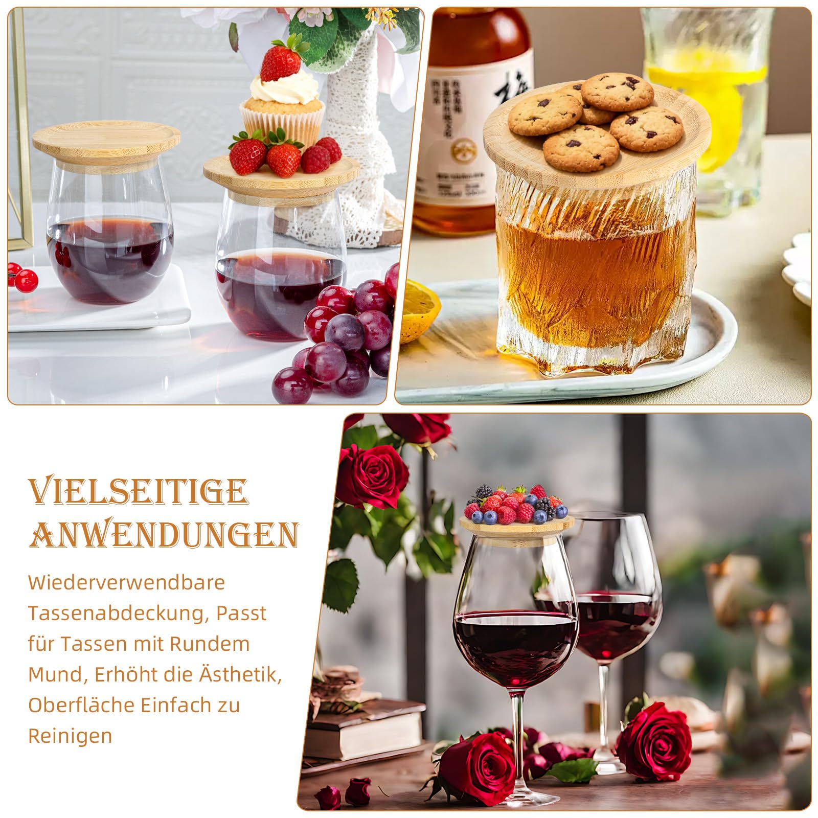 10er-Set Weinglas-Deckel mit Snack-Funktion in Gelb – Vielseitiger Holzdeckel für Gläser als Servierplatte, Aus Bambus, Doppelfunktionsuntersetzer Für Party, Garten & Festliches