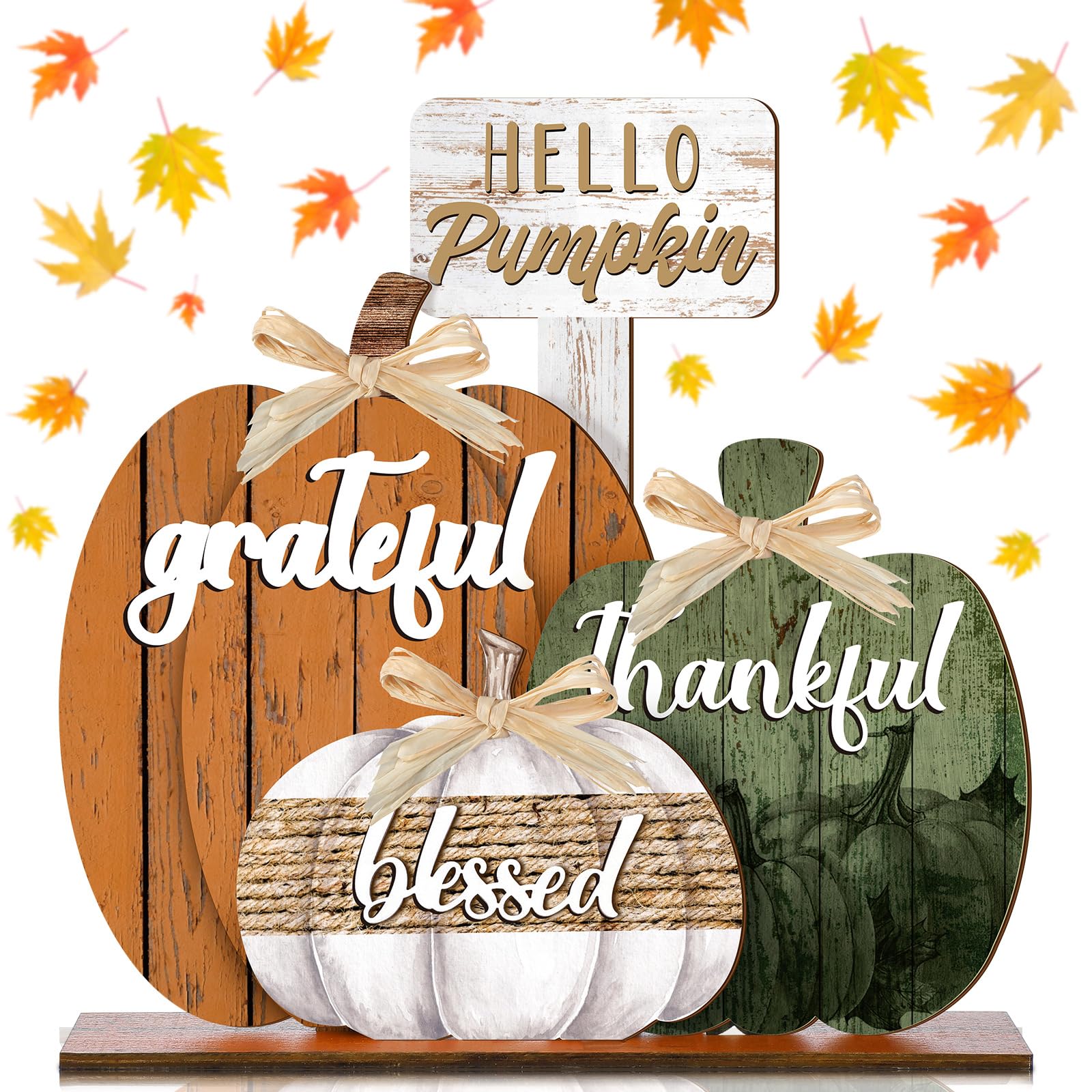 Leinuosen Hello Pumpkin Fall Decor Blessed Grateful Thankful Thanksgiving Decor Farmhouse Pumpkin Table Centerpieces Standing Wooden Block Sign for