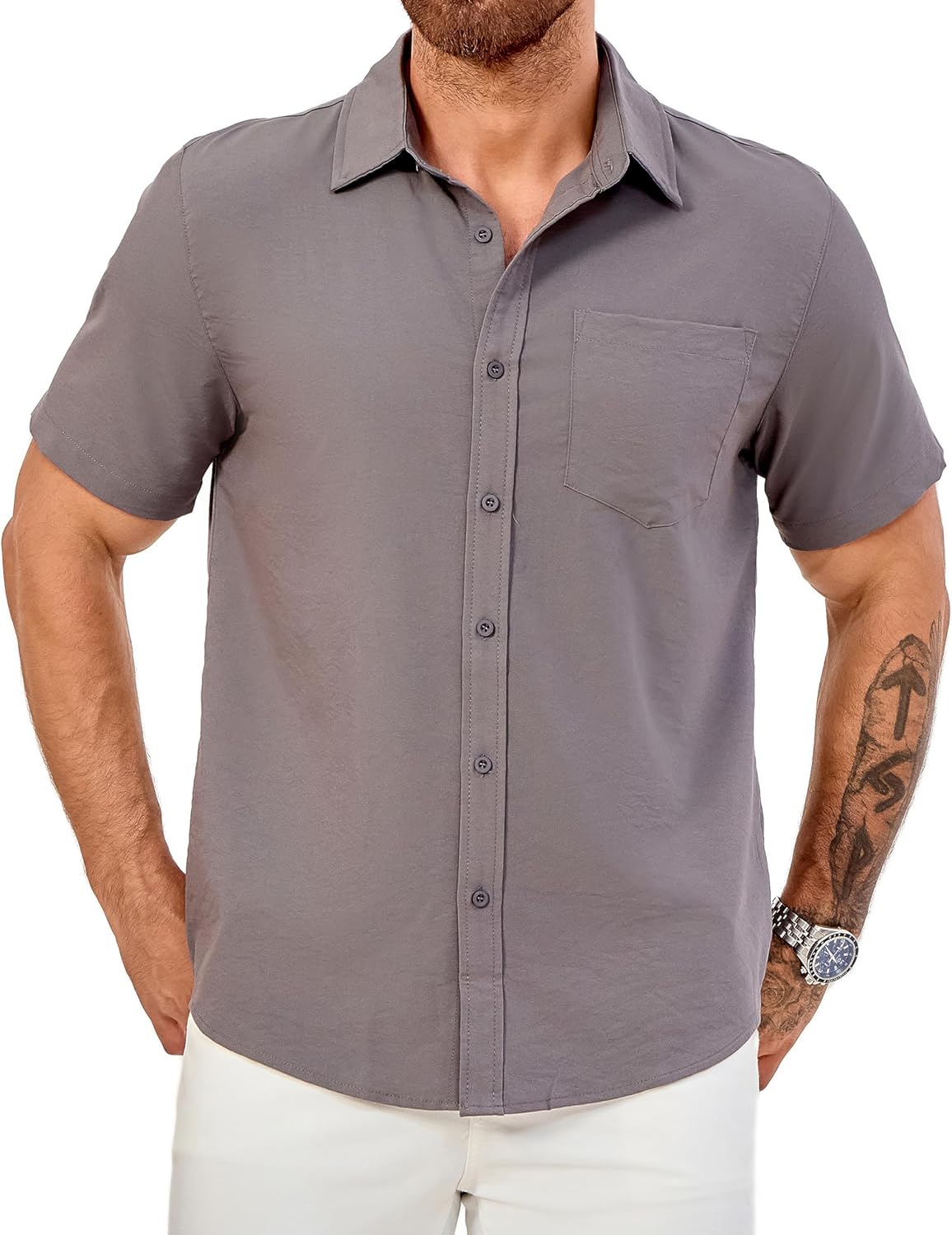 Men's Short Sleeve Button Down Shirts Casual Blending Beach Shirt with Chest Pocket Classic Fit Summer Tops
