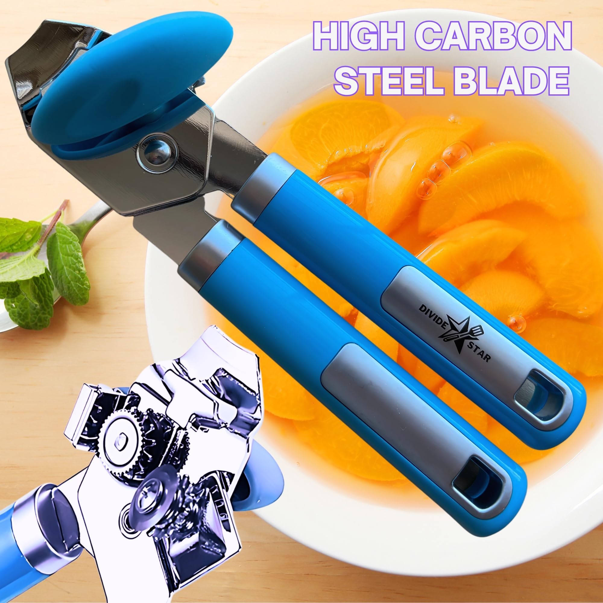 Abrelatas manual de mano, perilla de fácil giro, hoja afilada de acero al carbono, abridores multifuncionales suaves con imán y abrebotellas, herramienta de cocina duradera, color azul
