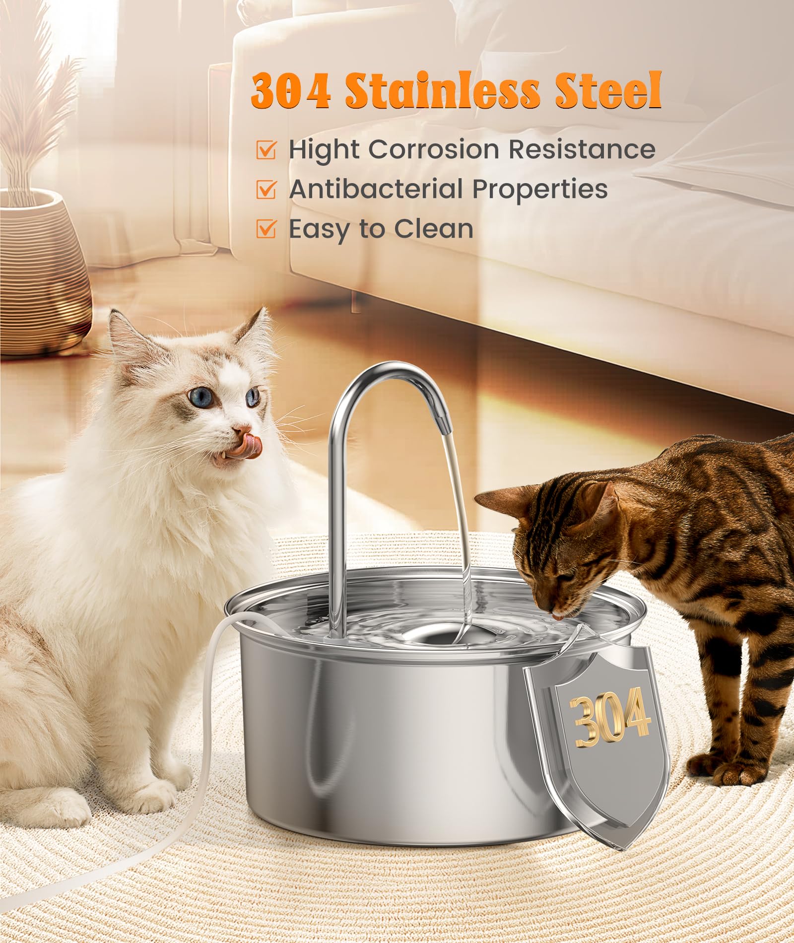 Petlipo Pet Water Fountain Stainless Steel, 108oz/3.2L Cat Fountain with Faucet Design, 6-Stage Filtration, BPA-Free Ultra-Quiet Cat Water Fountain for Cats and Small Dogs