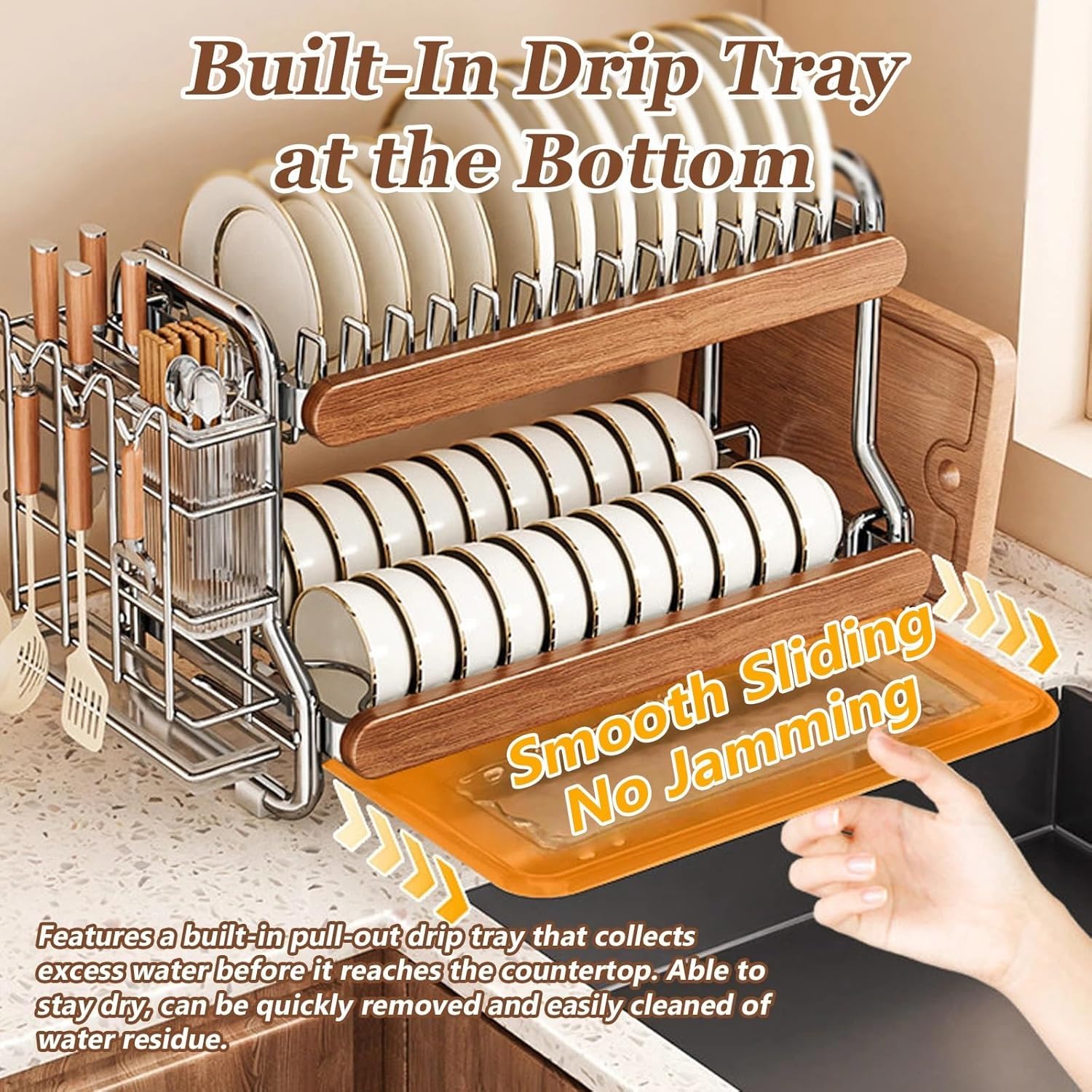 Escurridor de platos con parte superior de madera, organizador de encimera de cocina de acero inoxidable, escurridor de gran capacidad con soporte desmontable para cubiertos