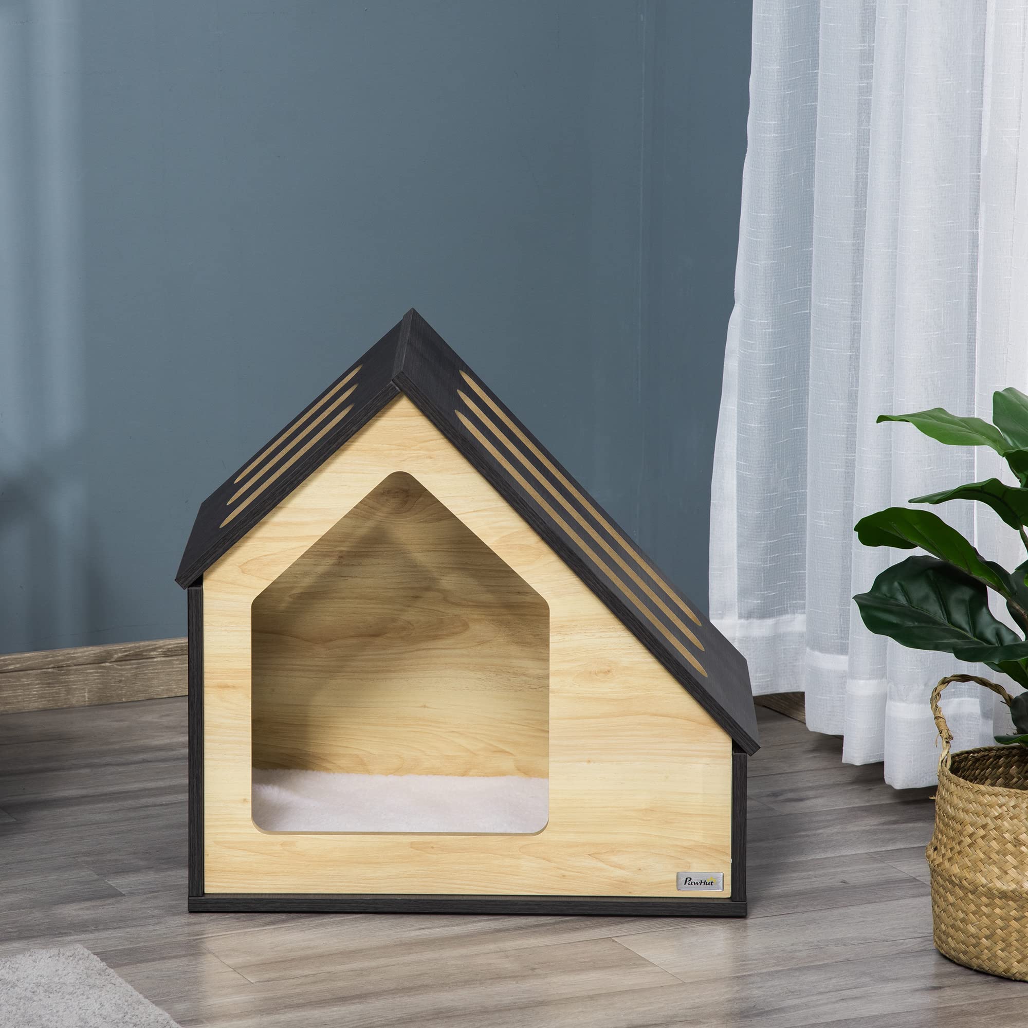 PawHut Niche pour chien en bois d'intérieur Cave à chat Maison pour chat Couchage pour chien avec coussin Maison pour chien Niche pour chien avec toit incliné pour petits chiens jusqu'à 8 kg 60 x 40 x