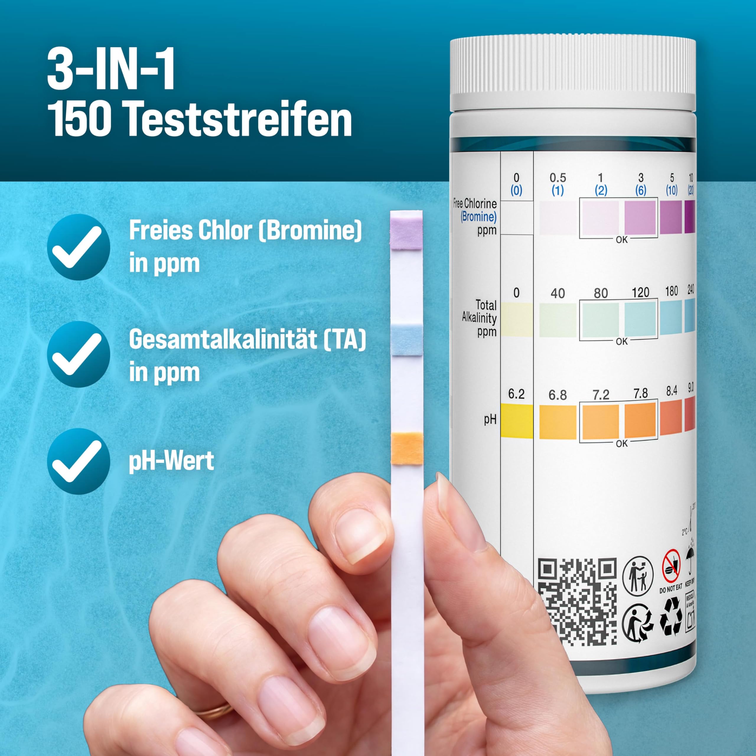 MONZANA® Dosierschwimmer Pool für 20-200g Tabletten inklusive 150 3in1 Teststreifen Klein Groß UV- Resistent Chlor Schwimmer Dosierer mit Thermometer