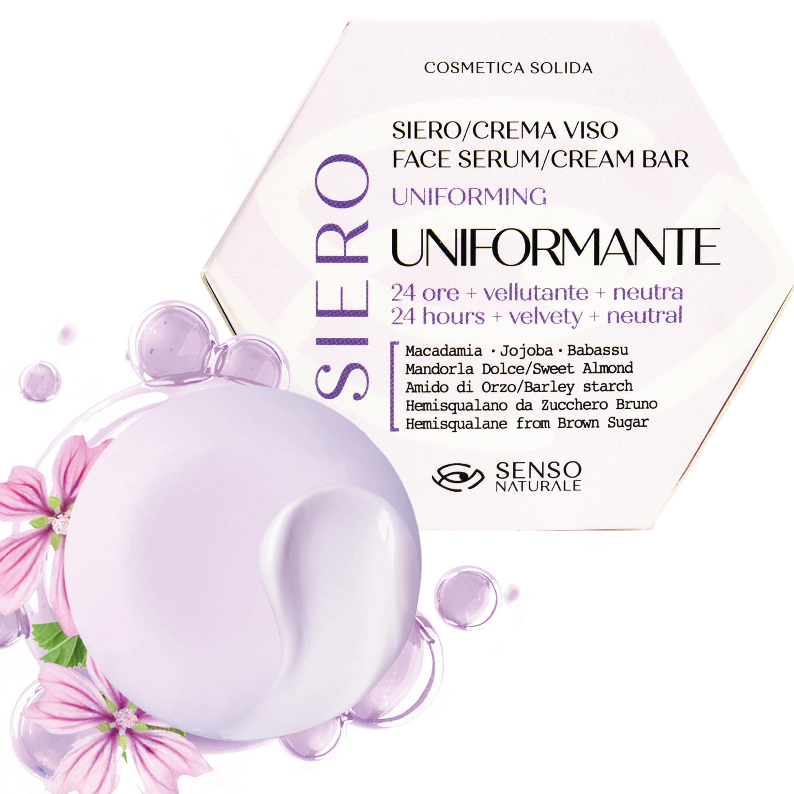 Senso Naturale Solid Face Serum Uniforming 24-Hour, Mattifying Face Cream with Vitamin E, Toning Face Mask Night