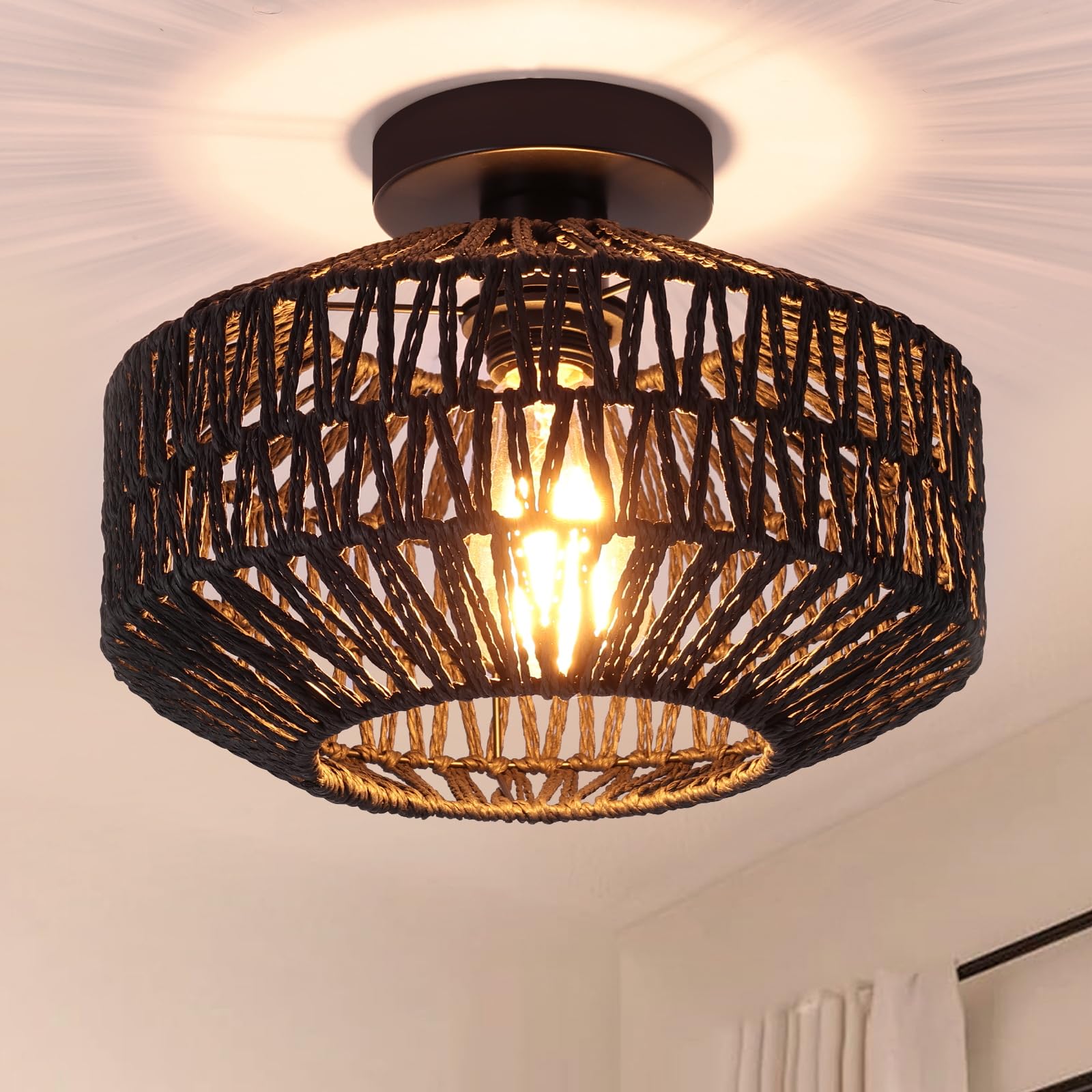 Surpars House Boho Rattan Ceiling Light Fixture, Mini Rattan Chandelier Lighting Fixture, Hand Woven Ceiling Light Fixtures for Hallway Bedroom Kitchen Entryway Living Room (Black)