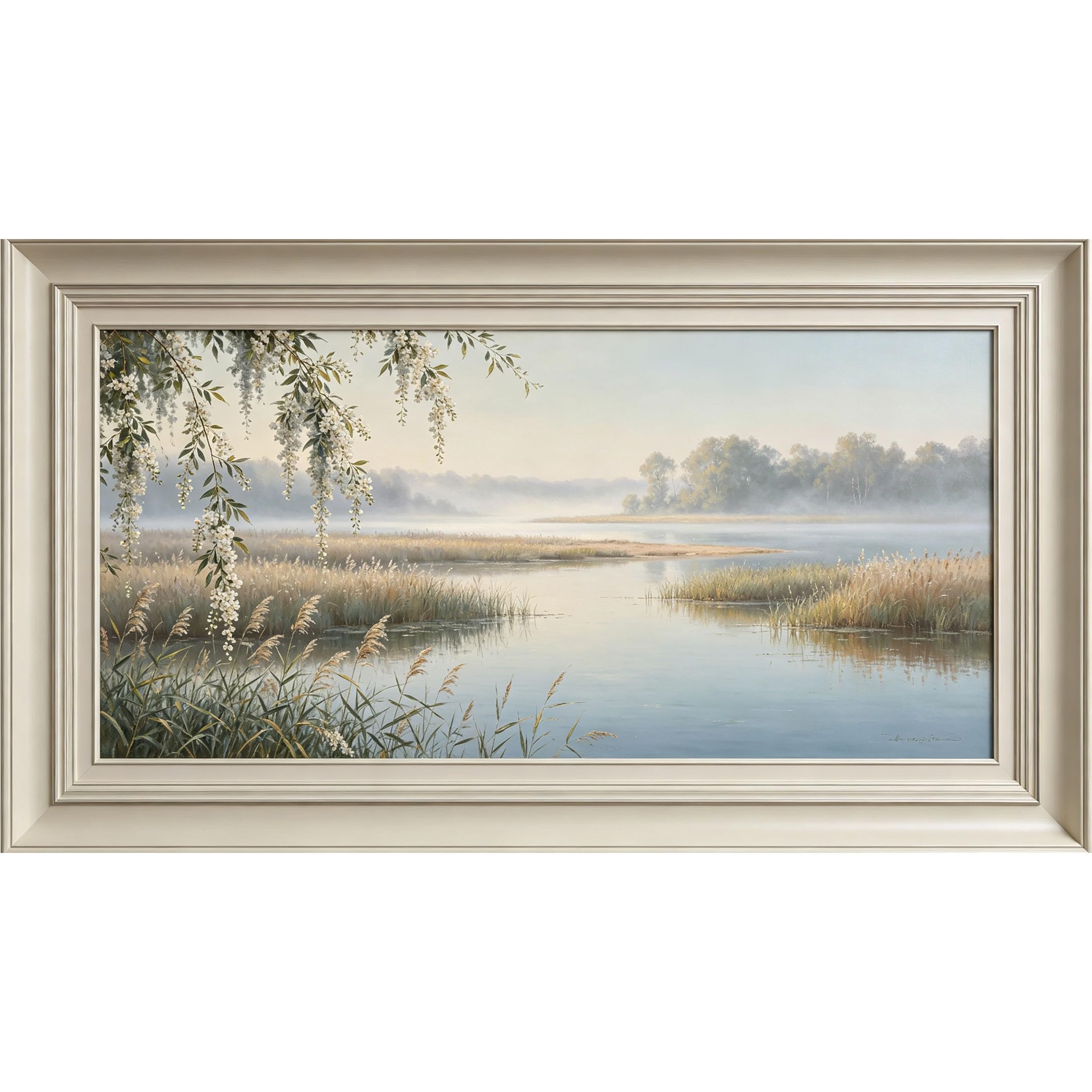 QZLITHOTIC 50×100cm 3D Framed Wall Art， Serenity Lake Morning Landscape Self?Adhesive Mural， Water?Activated Peel & Stick Fabric Decor Wall Decal for Bedroom Living Room