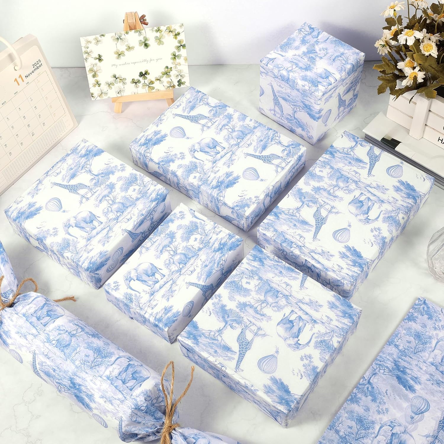 100 Sheets Africa Animals Tissue Paper, Chinoiserie Toile de Jouy Seamless Pattern Art Crafts Paper Elephant Giraffe Balloons Tissue for Birthday Baby Shower Supplies, 13.8'' x 19.7'' (Blue)