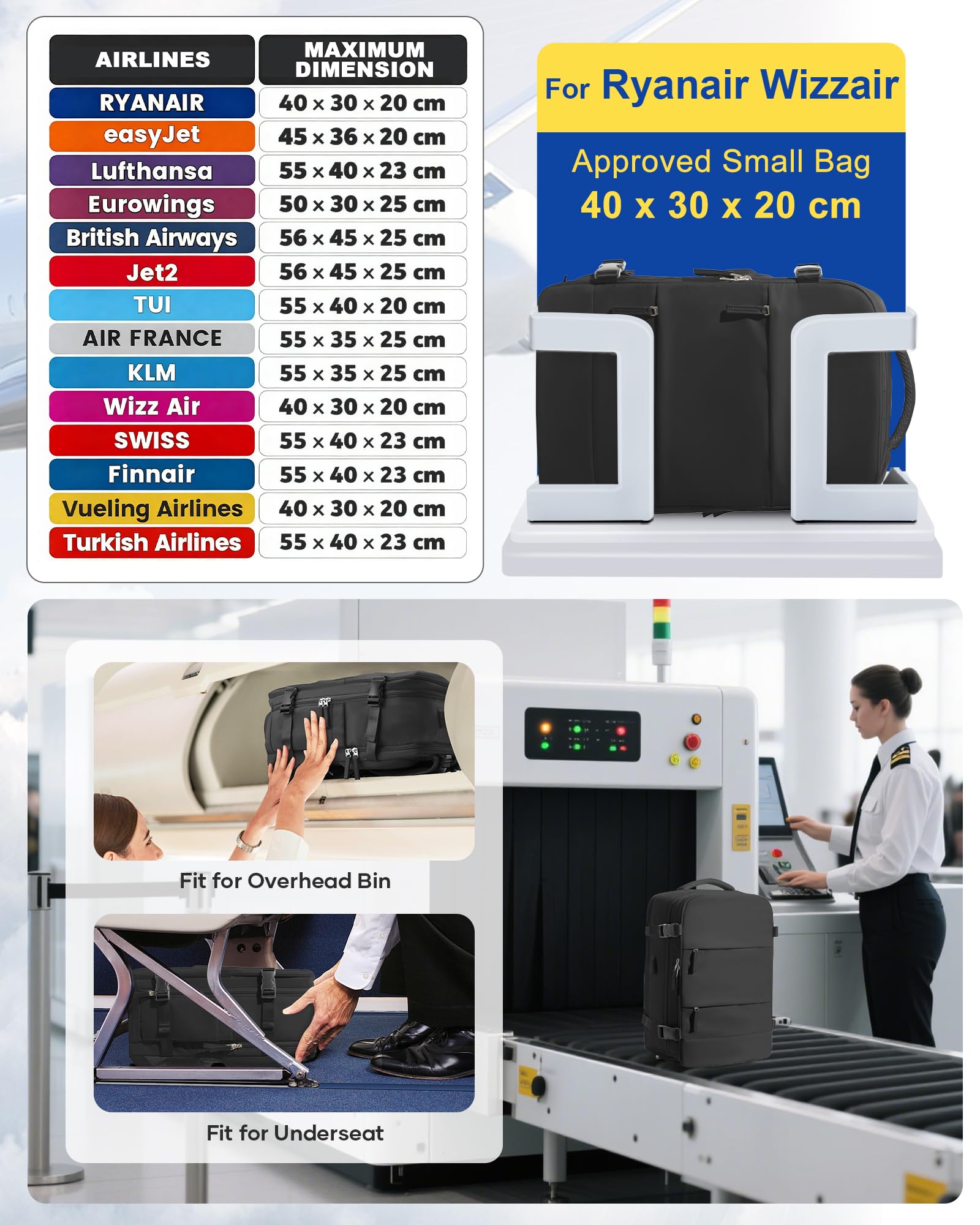 SZLX Zaino Ryanair 40x30x20 Sottovuoto con Pompa Zaino Ryanair 40x20x25 Donna Zaino da Viaggio Wizzair Bagaglio a Mano Uomo per Laptop da 14 Pollici Borse da Cabina 45x36x20 Easyjet con Porta Scarpe