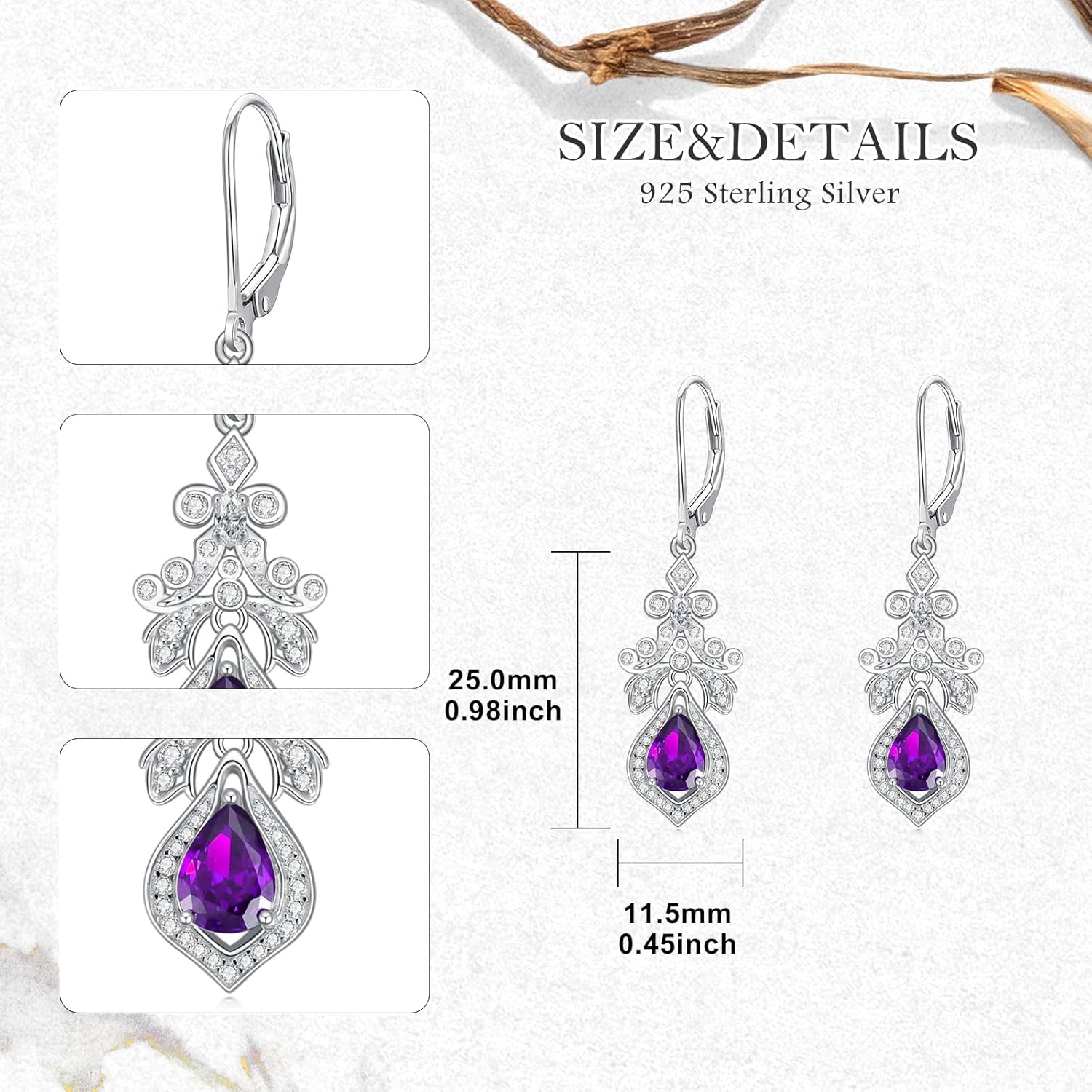 Gemstone Earrings for Women 925 Sterling Silver 6mm * 8mm Pear Cut Birthstone Drop Dangle Earrings - Image 4