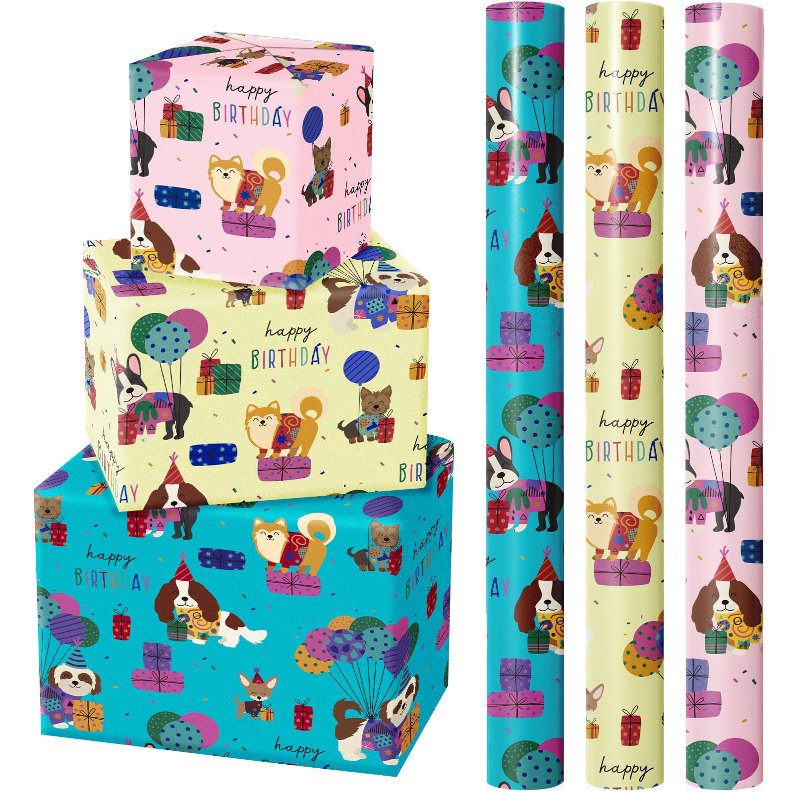 WRAPAHOLIC Dog Wrapping Paper Roll - 3 Short Roll - Birthday Puppy Dog Wrapping Paper for Kids Boys Girls Birthday, Pets Lover - 17 Inch x 120 Inch