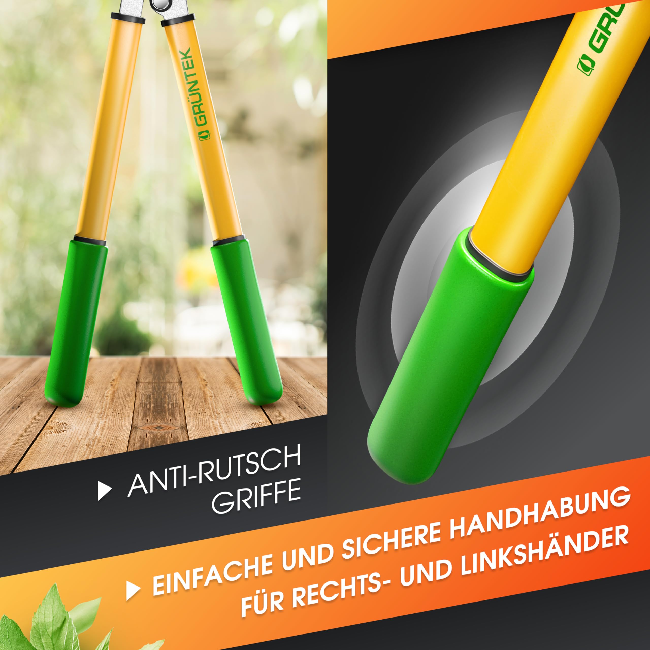 GRÜNTEK GRIZZLY Astschere mit Metall-Amboss, SK5-Stahl & Antihaftbeschichtung – 60mm Klingenlänge, 2-fach-Getriebe Baumschere, Antirutsch-Griffe, ergonomisch, Heckenschere