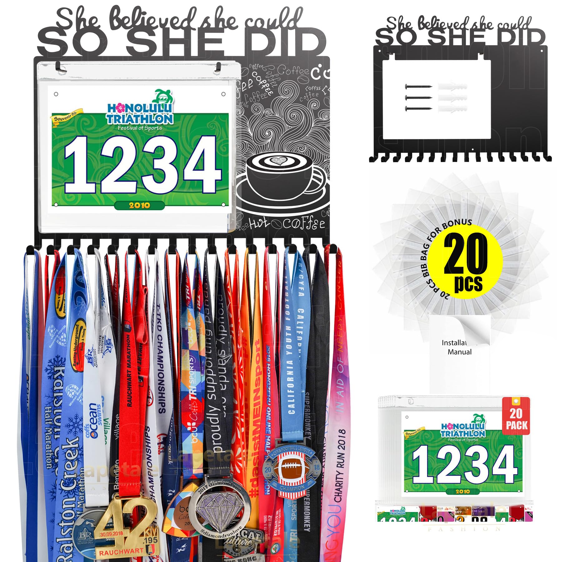 Lapetale Fashion BIB Medal Hanger Holder Display Wall She Believed She Could SO SHE DID-Medal Hanger Awards Ribbon Cheer,gymnastics,soccer,softball Sports Medals Easy to Install-20 Vinyls