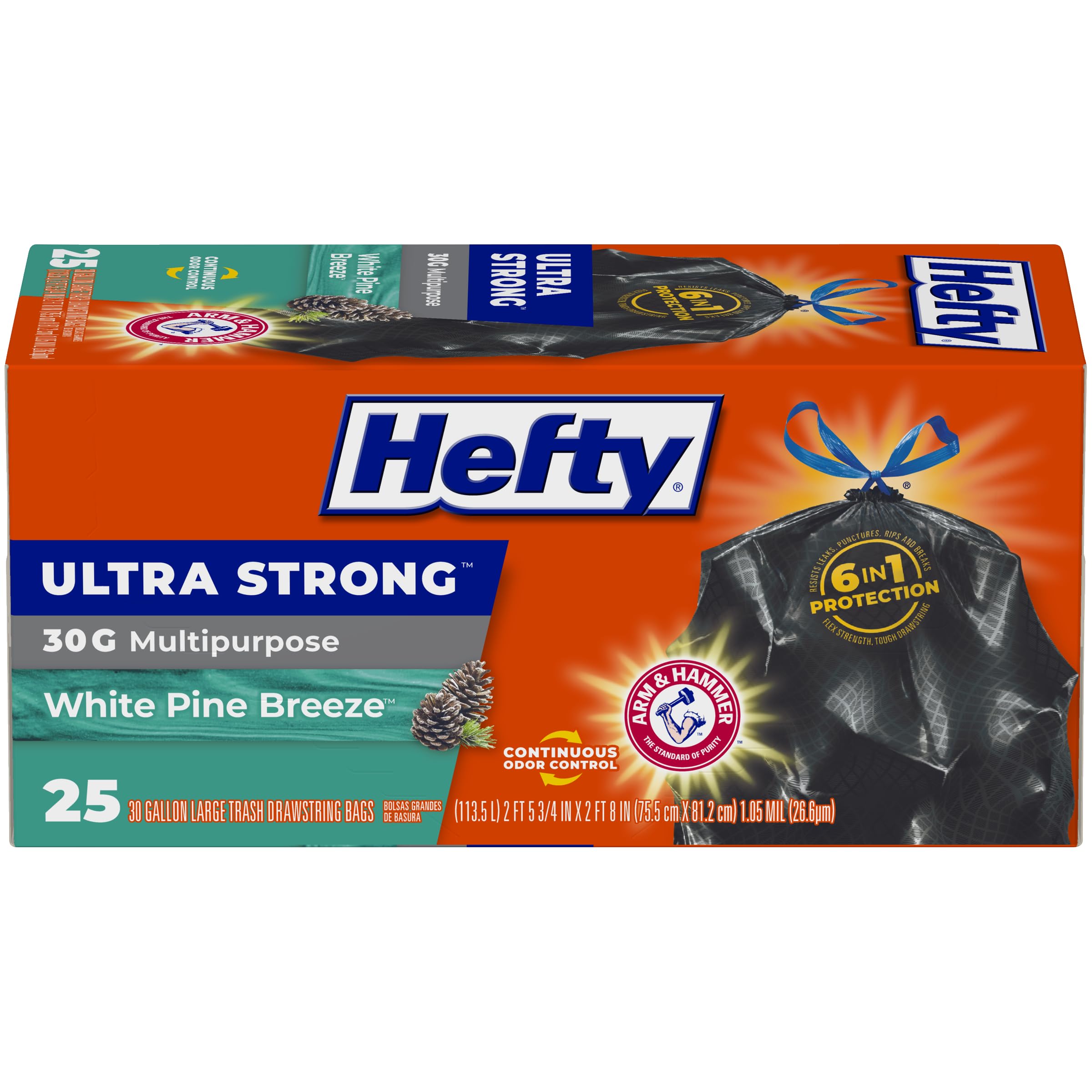 Hefty Ultra Strong 30 Gallon Trash Bags, Large Trash Bags 30 Gallon Size, Multipurpose, Break Resistant Drawstring Closure, Resists Leaks, Punctures, and Tears, Black, White Pine Breeze Scent, 25 Bags