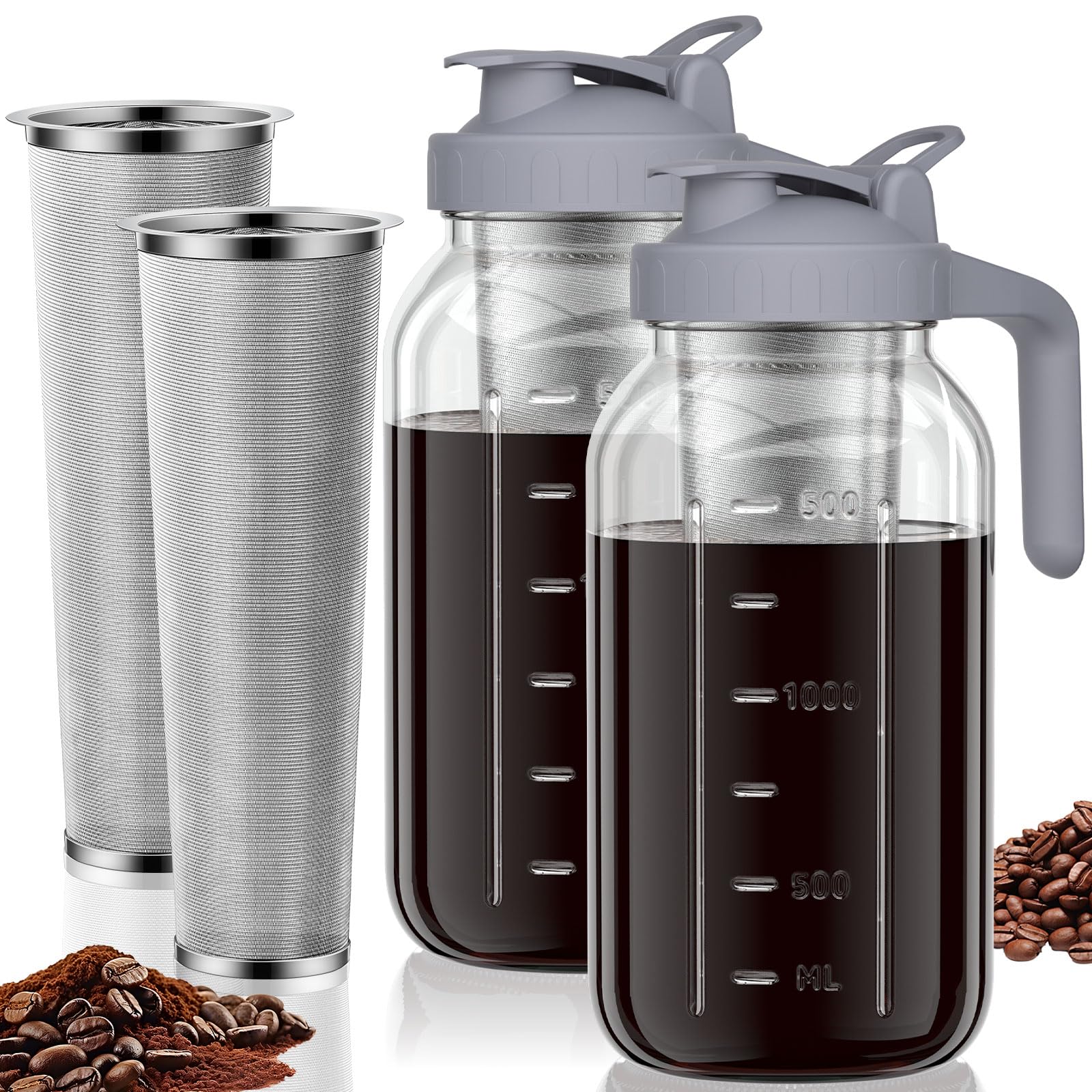 Photo 1 of **Only One** Cold Brew Coffee Maker Jar - 64oz Thick Glass Multipurpose Mason Pitcher Spout Lid with Handle & Stainless Steel Filter for Iced Coffee, Lemonade, Ice Tea, Homemade Fruit Drinks Container?2Pack?