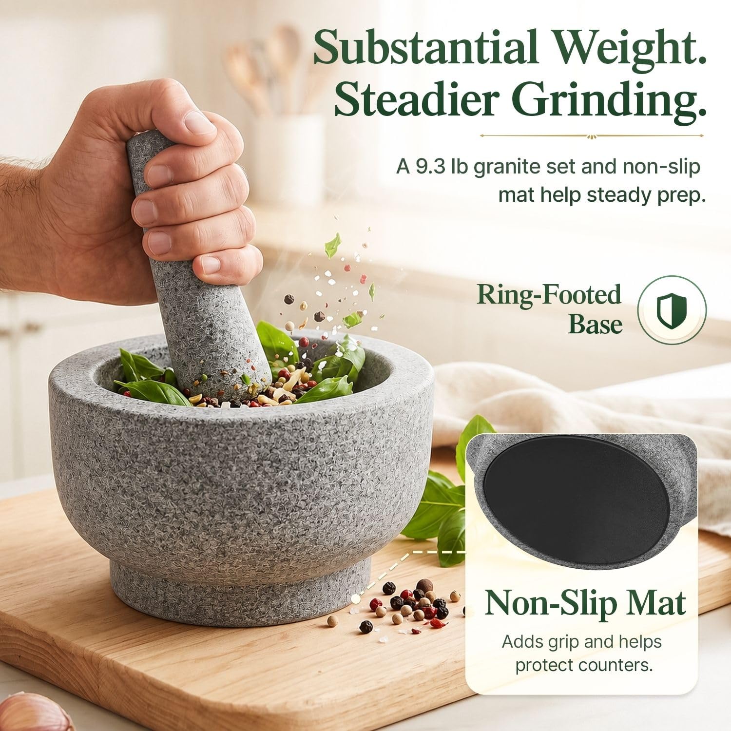 Flexzion Ensemble de mortier et pilon en granit 4 tasses avec éplucheur d'ail et tapis antidérapant pour guacamole, herbes, épices, salsa, gris