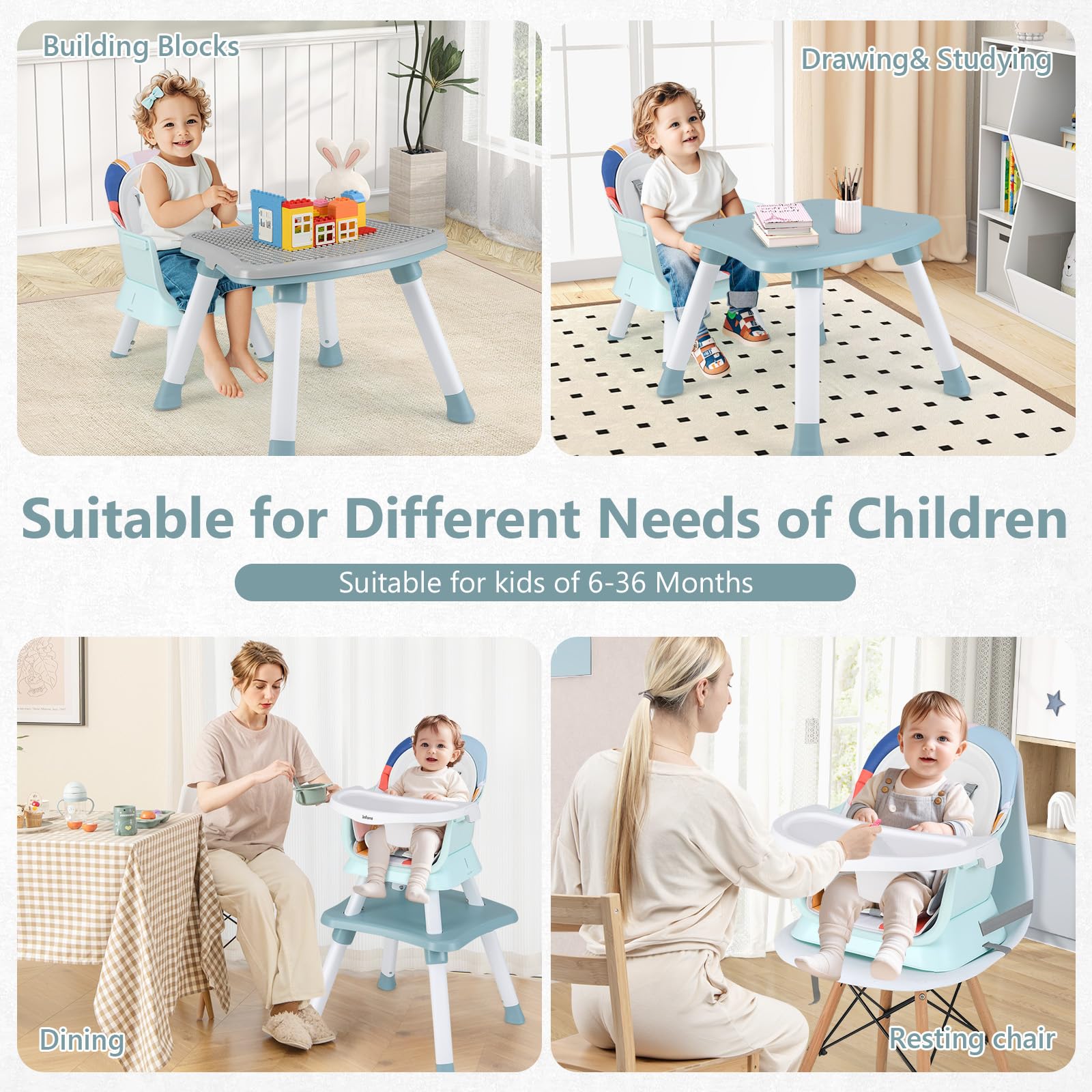 INFANS 8 in 1 Baby High Chair, Convertible Highchair for Babies and Toddlers, Infant Dining Booster Seat, Building Block Table, Kids Stool Table Chair Set with Removable Tray (8 in 1, Baby Blue)
