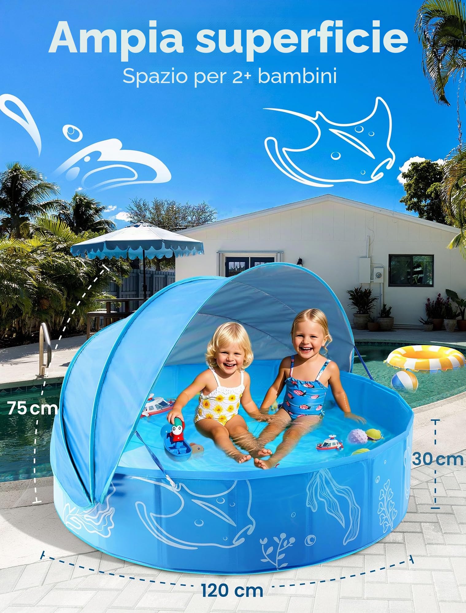 Hikiddy Piscina Pop-up per Bambini con Tettoia: Piscina Parasole per Bambini, Blu