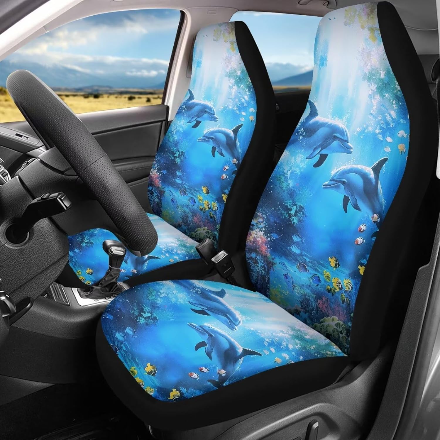 Talayituse Dolphin Fish Coral Print Car Seat Cover Vehicle Bucket Seat Cover 2pcs/Set Auto Front Seat Covers for Most Cars SUV Sedan Comfortable Car Seat Protector