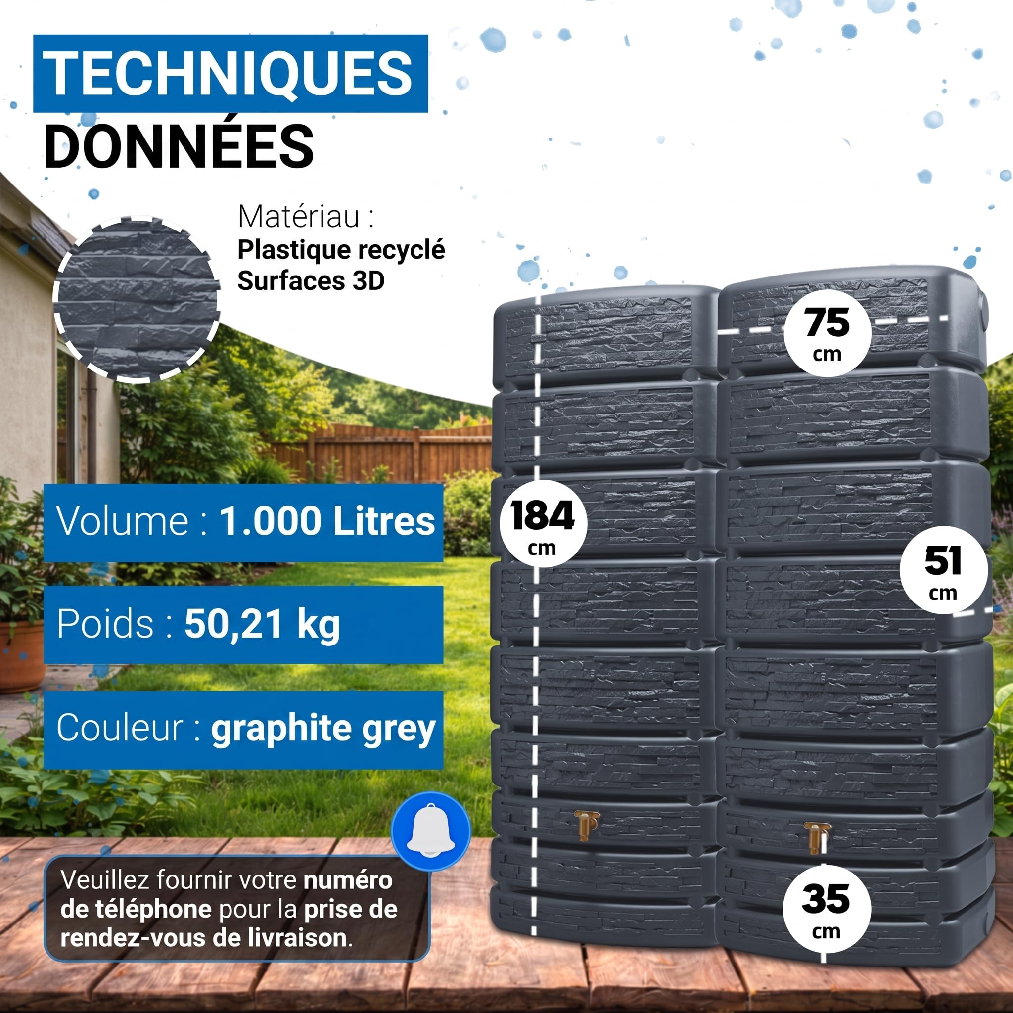 4rain Slim Stone Decor Réservoir Mural-Set 1 000 litres Gris Graphite