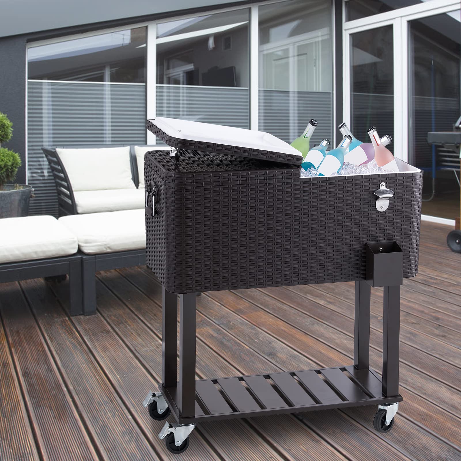 VEVOR Carrello Mobile Bar Frigo per Bevande Carrello Isotermico Superficie Resina Rattan Capienza 80QT Apribottiglie Scatola Raccoglie Tappi, Carrello per Bevande Contenitore per Ghiaccio Portabirre