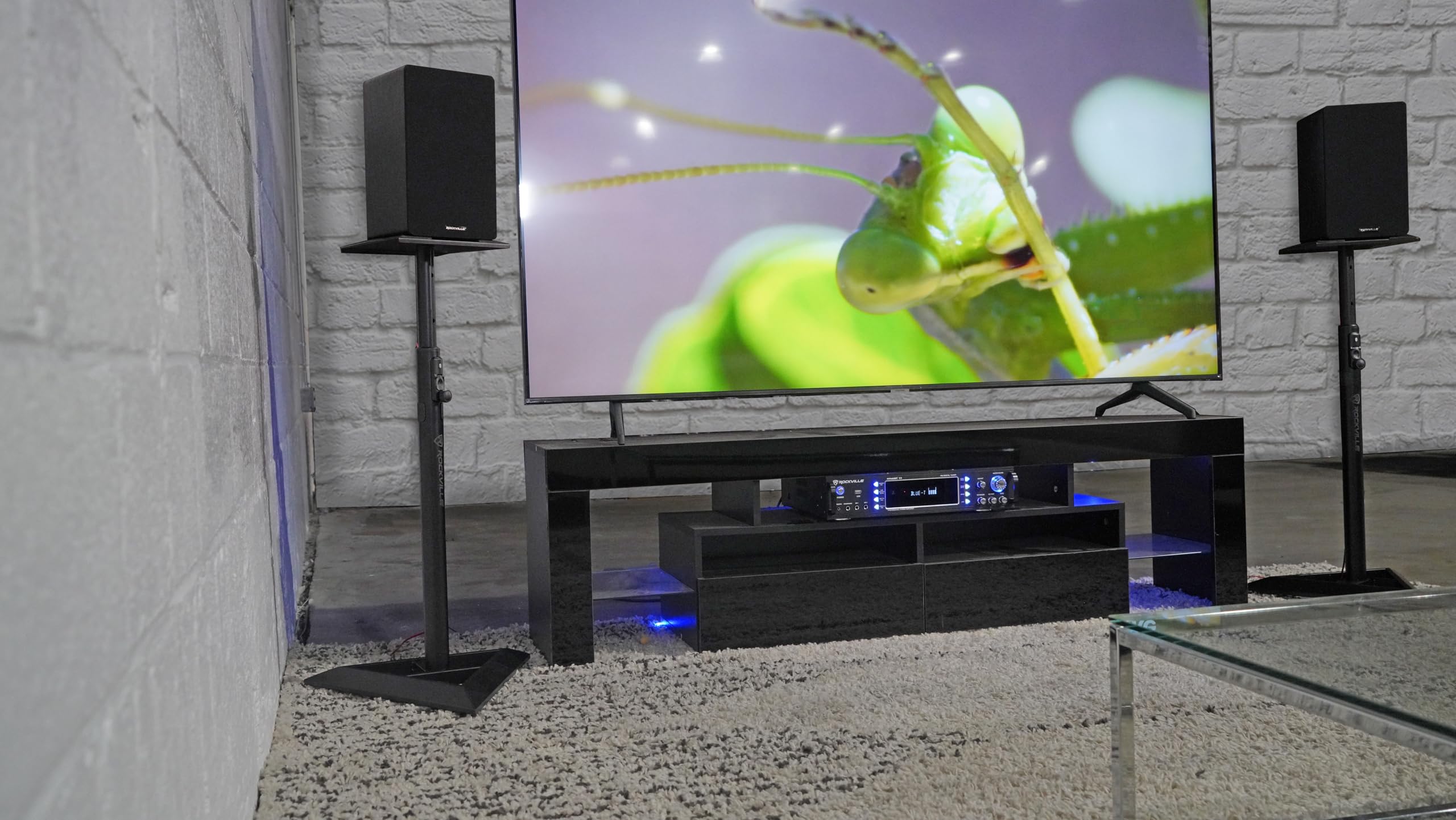 Rockville RSM3 - Coppia di supporti per altoparlanti per monitor da studio, base robusta, pulsante, senza perni, altezza regolabile, Air Assist, ideale per casa, studio