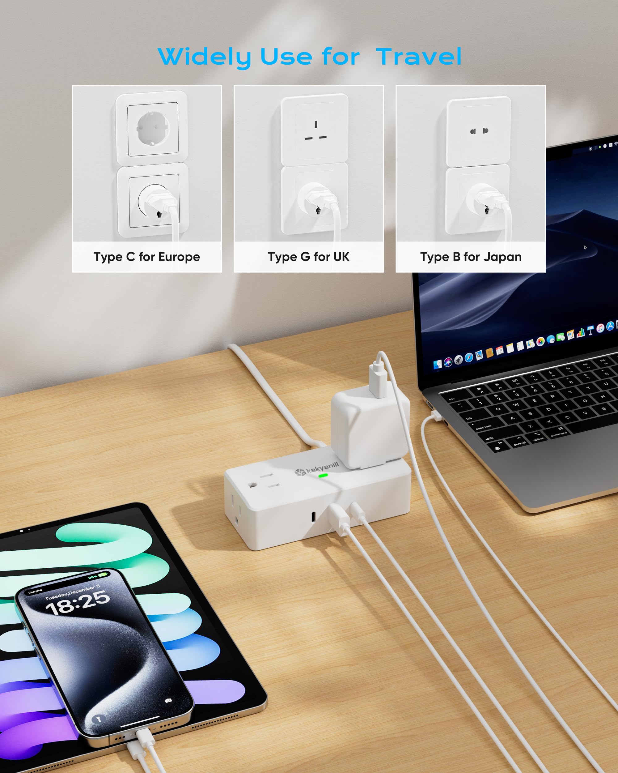 Kakyanill - Reise-Euro-Stecker-Adapter, EU/UK/JP Steckdosen-Adapter, 4 AC-Ausgänge, 3 USB-Ports (2 USB C), 5 Fuß flaches Verlängerungskabel, kompakt für Reisen