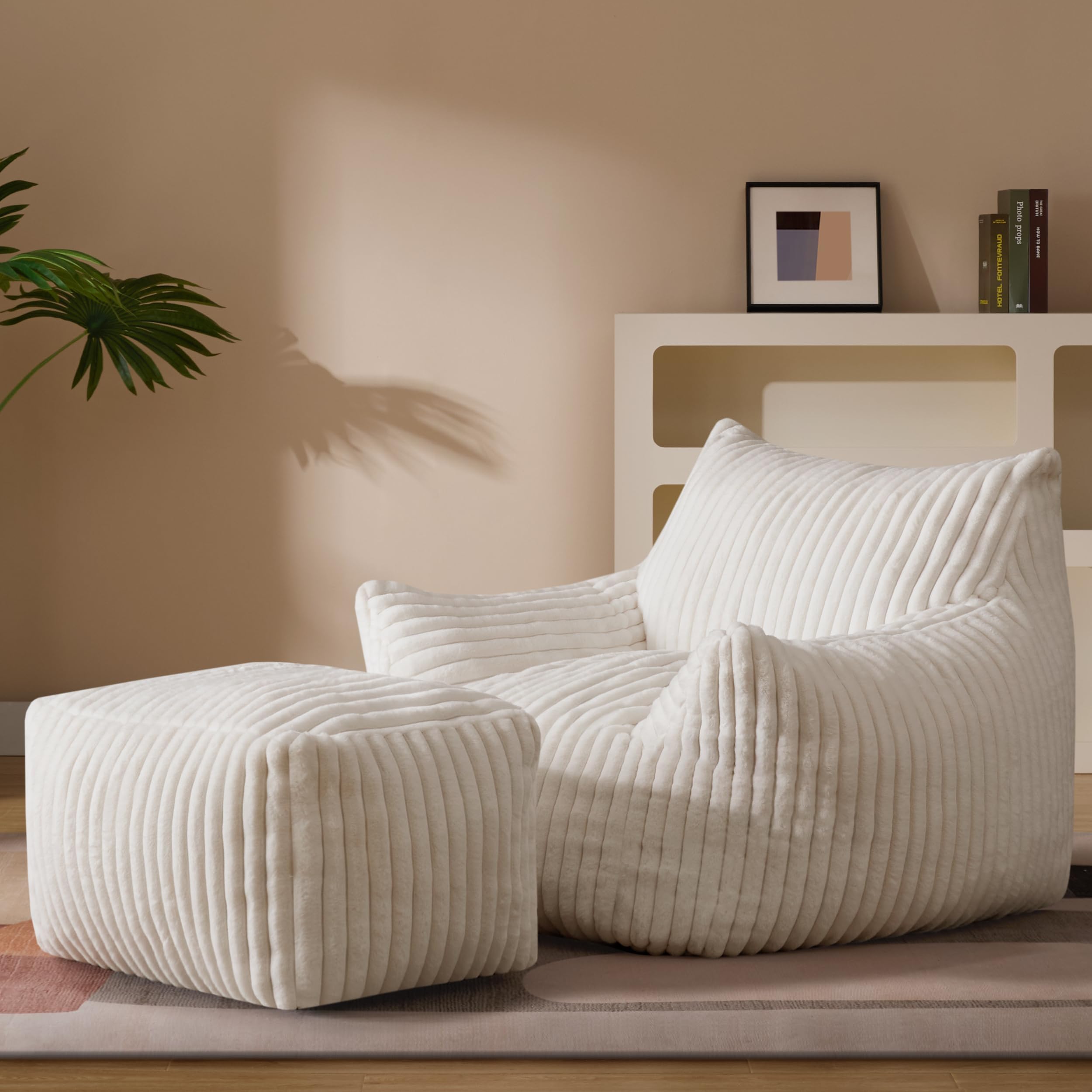Busaurus / Gericco (FENFIR INC) Oversized Bean Bag Chaise Lounge Chair Indoor for Adults with Armrests & Ottoman - Giant Comfy Beige Beanbag Lazy Floor Sofa Cloud Accent Chair for Reading, Gaming, Cozy Fluffy Cloud Mini Couch