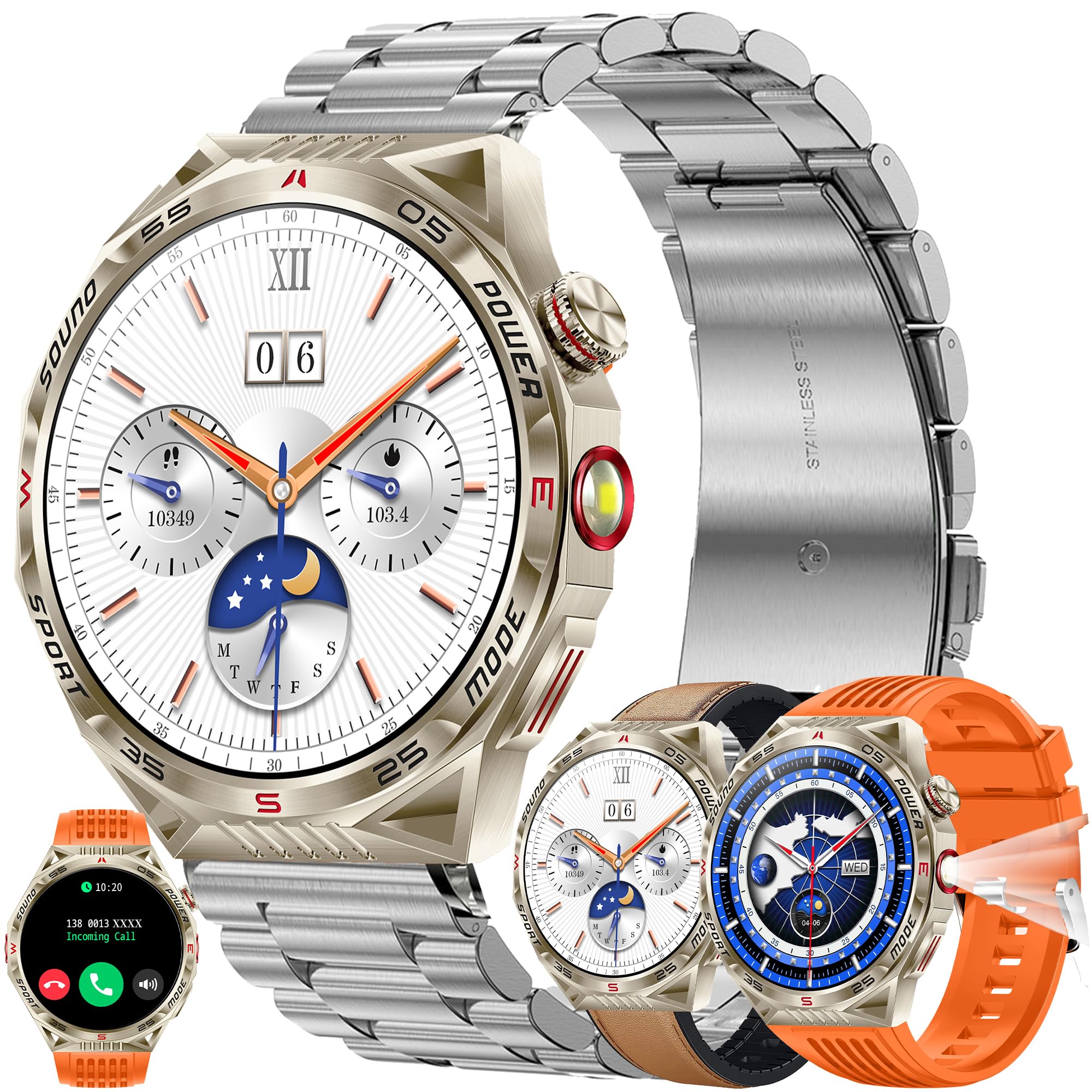 Reloj inteligente para hombre con función de teléfono, linterna, 1,85 pulgadas, AMOLED 5 ATM, reloj inteligente redondo, rastreador de actividad, con 123 modos deportivos, presión arterial, monitor de
