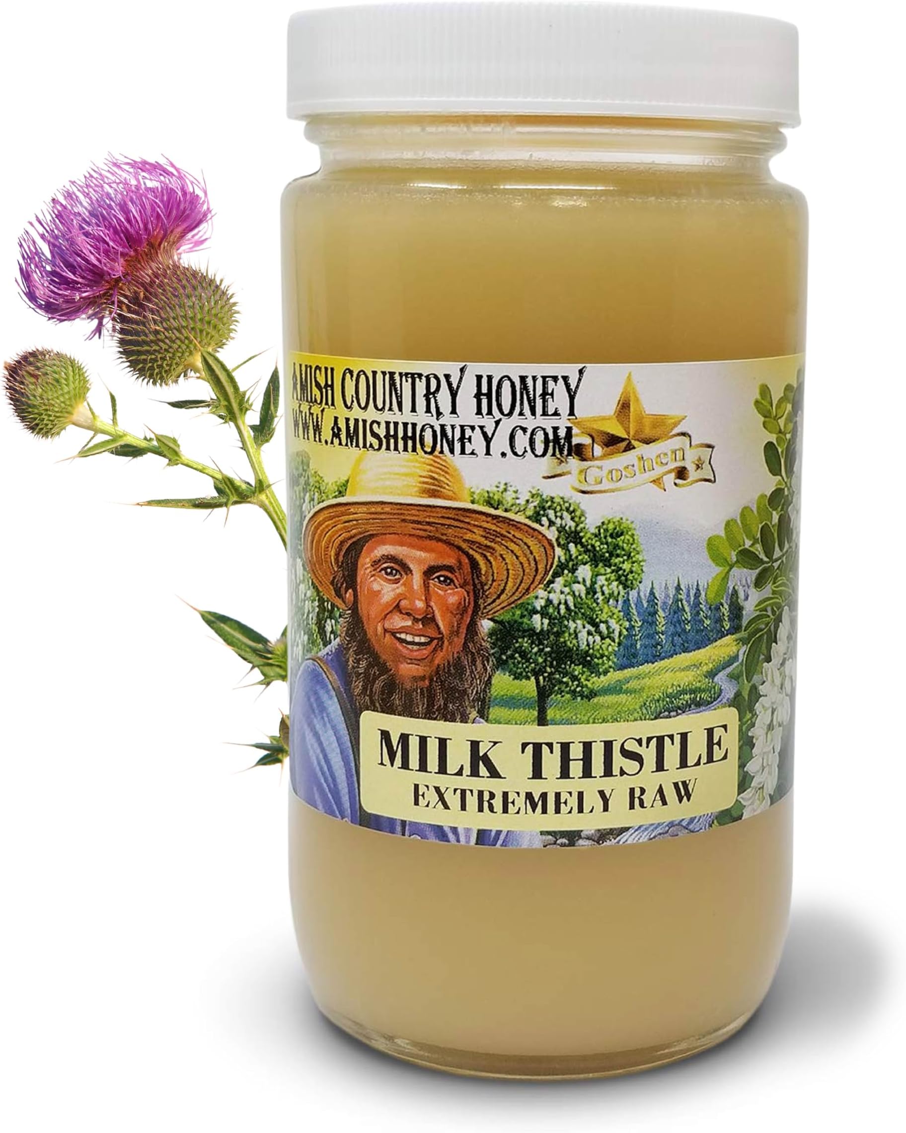 Goshen Amish Country Extremely Raw Milk Thistle Honey - Unfiltered, Unprocessed, Pure & Natural - Harvested in the USA - Rich Flavor for Tea, Cooking, Wellbeing - Kosher Certified - 16oz Glass Jar