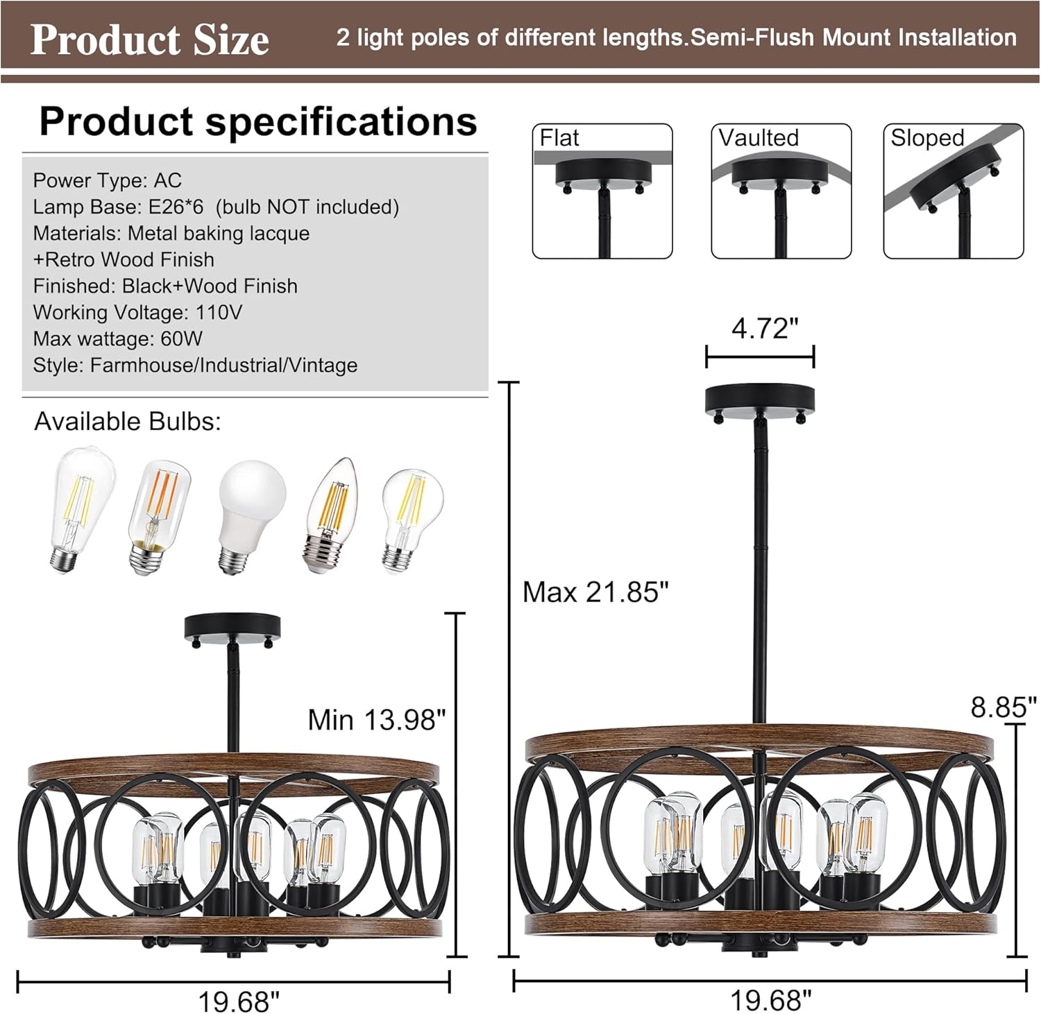 6-Light Farmhouse Drum Pendant Light,19.7'' Nature Wood Texture Vintage Rustic Chandeliers Black Metal Industrial Hanging Light Fixtures for Entryway, Bedroom Dining Room 19.7in-6 Light