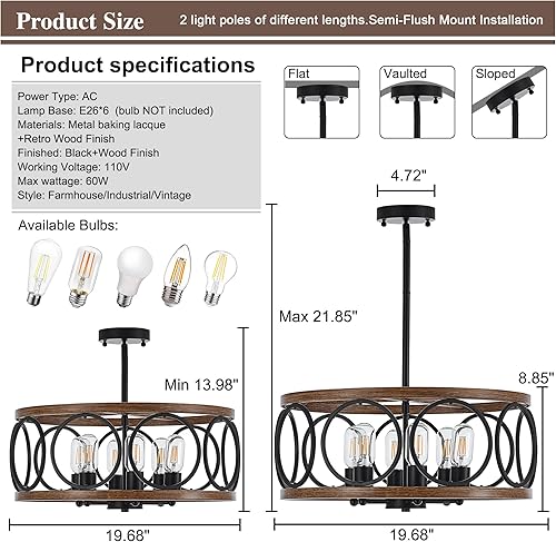 Miniatura 2 de Lámpara colgante de tambor de granja de 6 luces, 19.7 pulgadas, textura de madera natural, candelabros rústicos vintage, lámparas colgantes