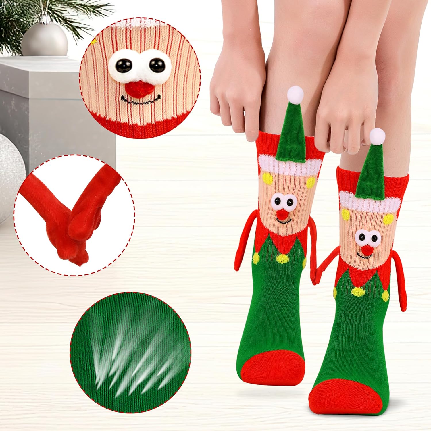 4 Pairs Funny Christmas Socks, Magnetic Hand Holding Socks, Christmas Stocking Stuffers for Women Men Couples, White Elephant Exchange Gifts, Xmas Secret Santa Gag Gifts - Image 5