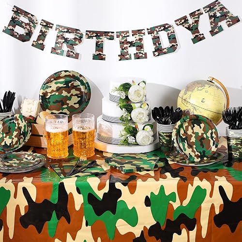 Miniatura 6 de Rtteri 171 piezas de suministros de fiesta de cumpleaños de camuflaje que sirve 24 suministros de fiesta temática de camuflaje con mantel de