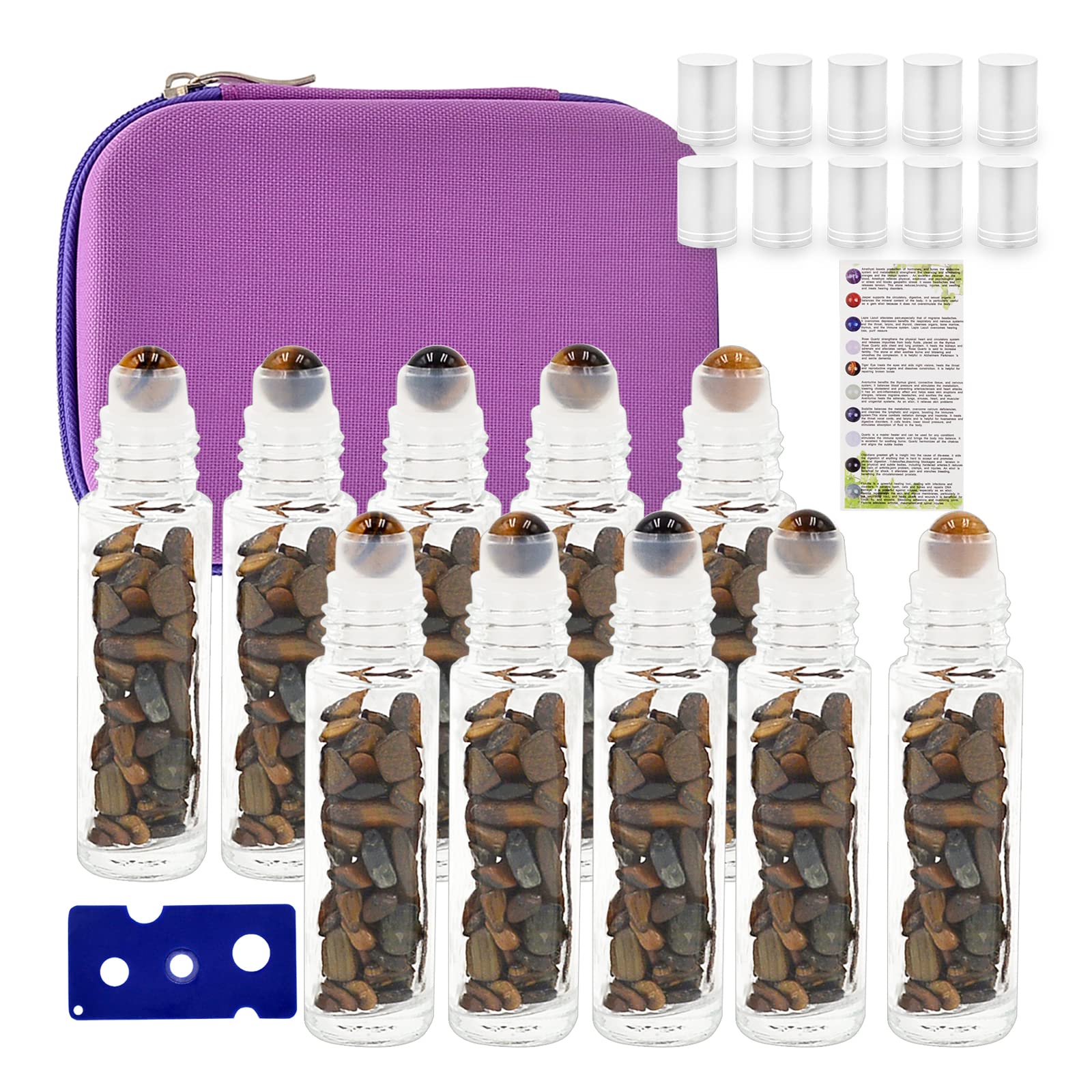 Fengshuisale Random Essential Oil Roller Bottle Eva Carrying Travel Case And 10Pcs Essential Oil Gemstone Roller Ball Bottles Frosted Glass Inside Healing Crystal Chips 10Ml