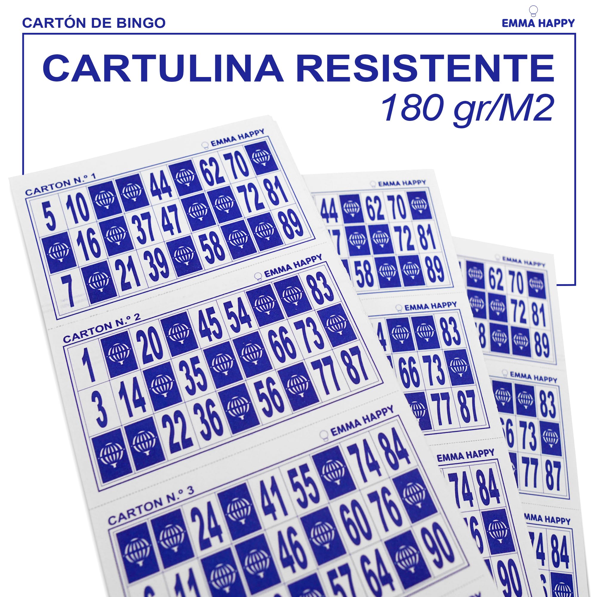 Cartones de Bingo Azules 90 Bolas – 1800 Unidades (3x600) Numeradas 1 al 90 + 10 Bolígrafos Azules – Bingo Tradicional en Cartón para Fiestas, Residencias y Asociaciones