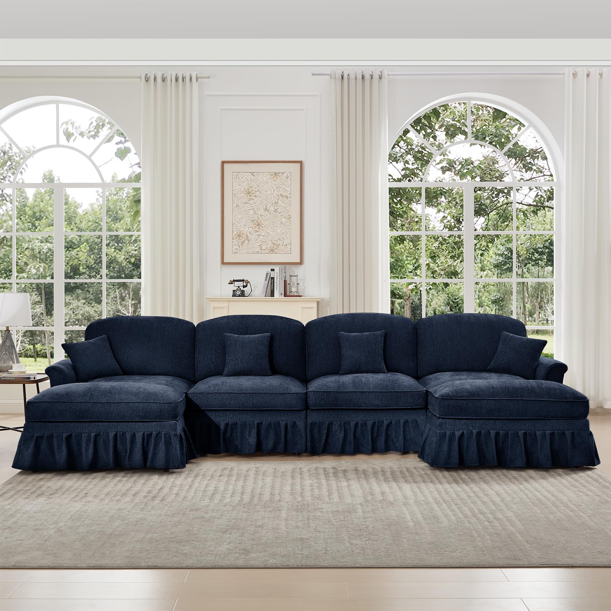 KEIKI Mid Century Modular Sofa with Flared Arms and Skirted Design, 137“ Oversized 4-Seater with 2 Ottomans Luxury Chenille U-Shaped Sectional Couches