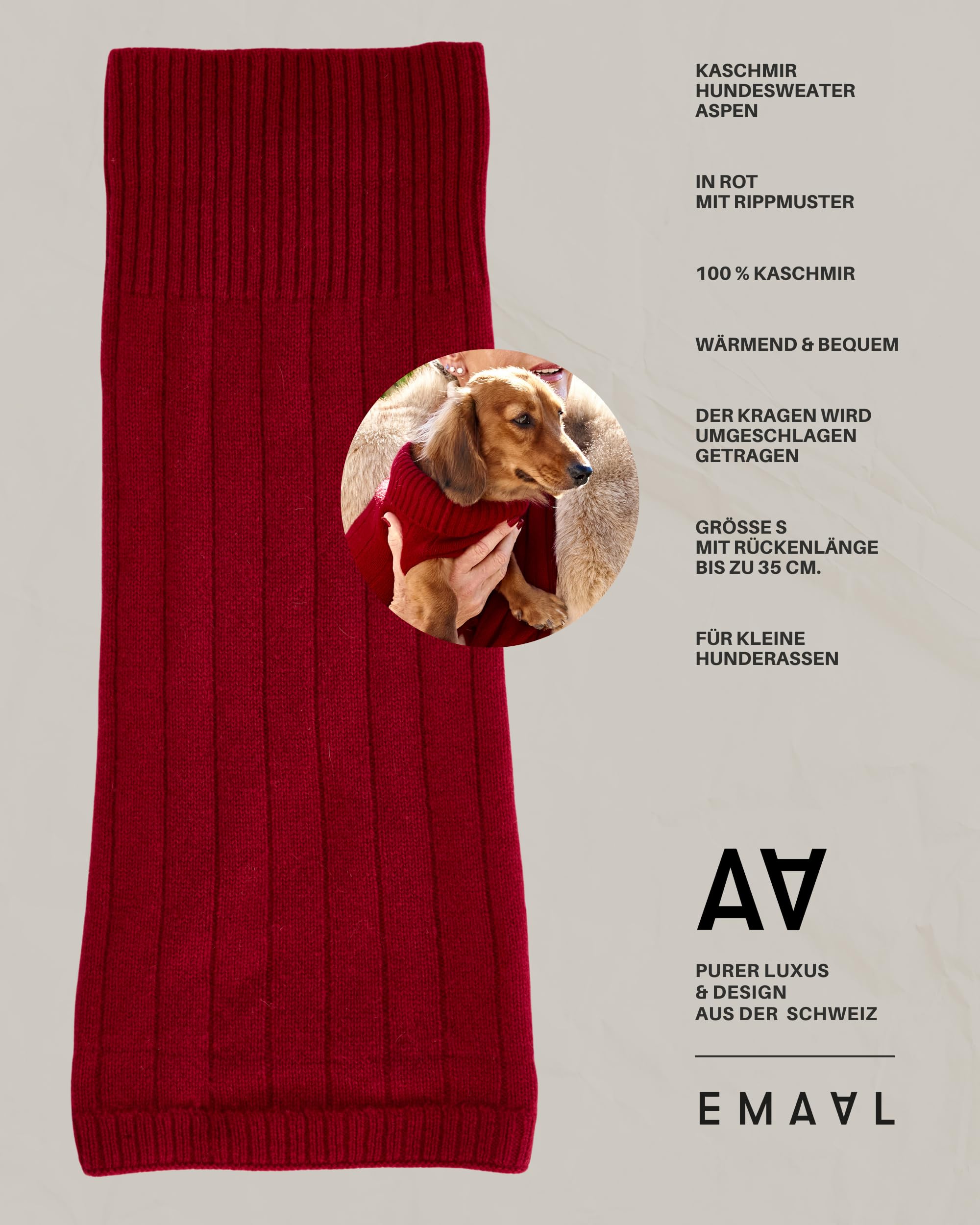 EMAAL 100% Kaschmir Hundesweater Aspen, Rot, Gestrickt, Rippenmuster, für kleine Hunde bis 35 cm Rückenlänge, weich & warm, bequem, jedes Fell, für kühle Spaziergänge oder gemütliche Abende zu Hause