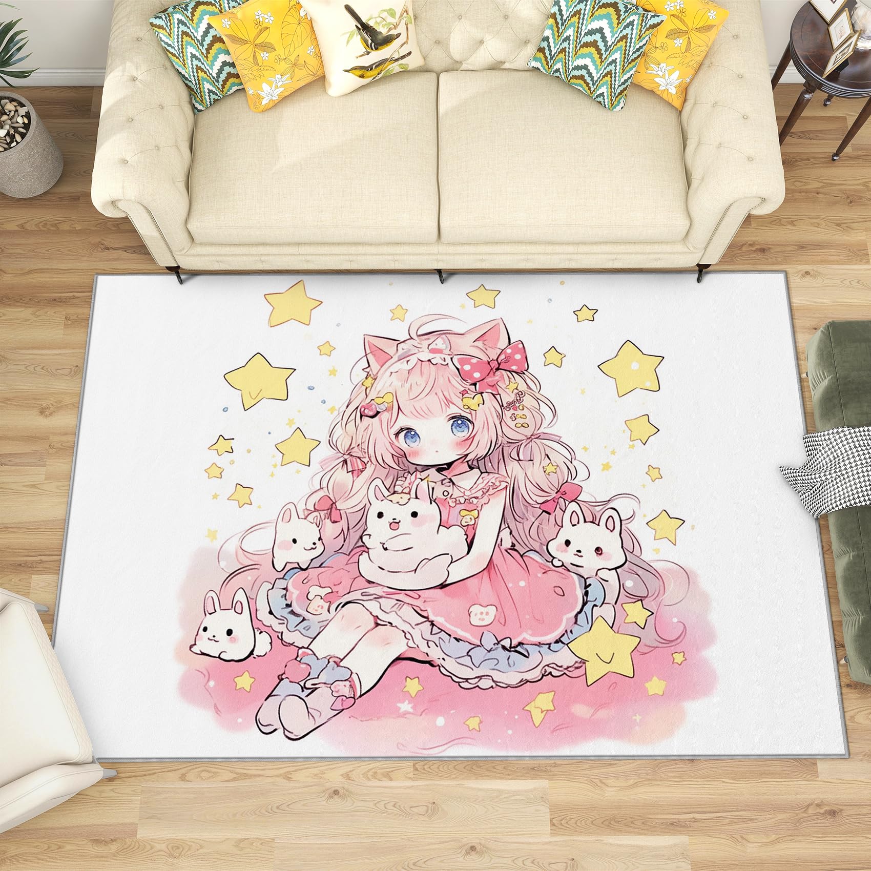 SherAvant Girls Rugs for Bedroom - 4x5 Rug - Girls Rug - Kawaii Area Rug - Star Bunny Pink Rugs - Kids Nursery Carpet - Soft Washable Non Slip Low