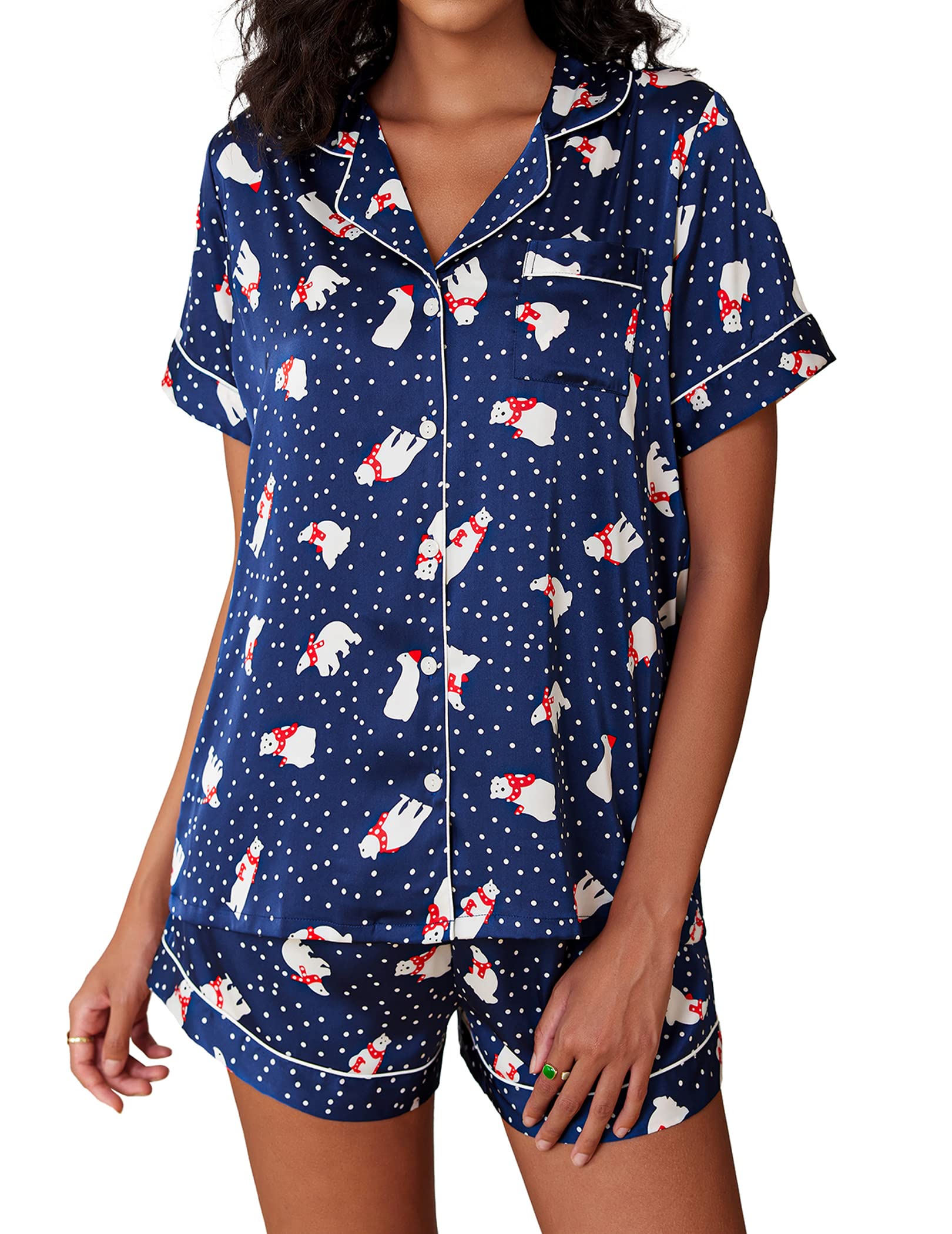 EkouaerSatin Pajamas for Women Button Down Sleepwear Soft Silk Loungewear Short Sleeve Top and Shorts Pjs S-XXL