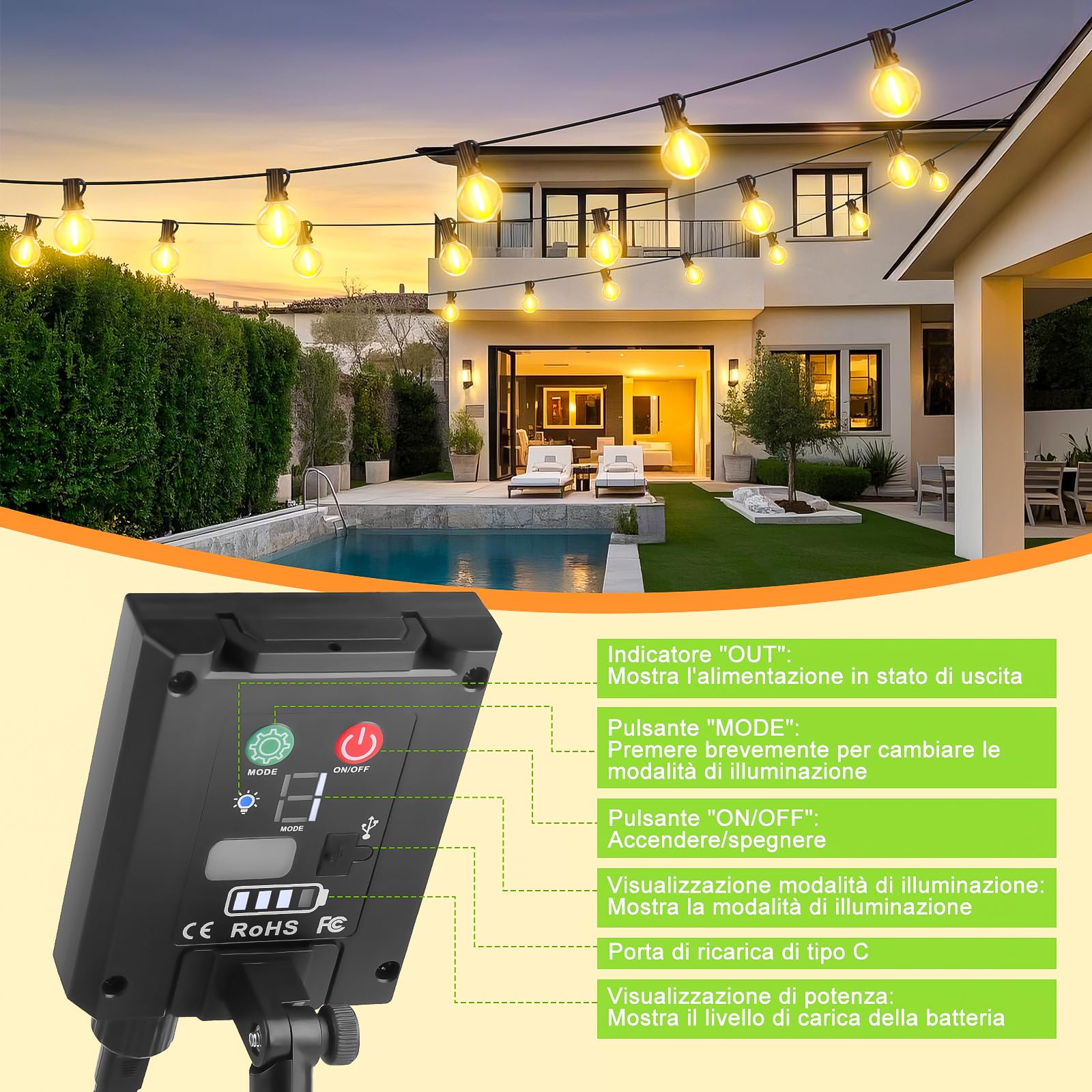 Solari Catena Luminosa Esterno con Telecomando - 15M/50FT Luci da Esterno Giardino con 20+1 Lampadine LED G40 8 Modalità e Funzione Timer per Illuminazione Gazebo Patio Jardin Balcone Fête