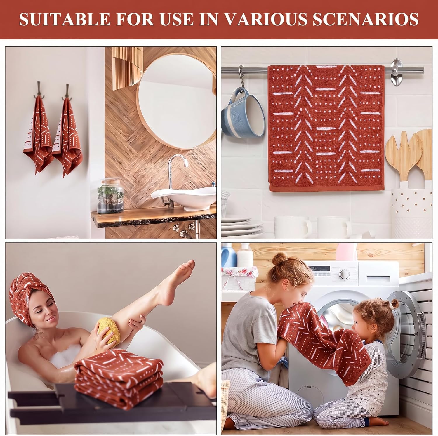 Tudomro 2 Pcs Terracotta Boho Aztec Hand Towels for Bathroom, 14x29 Inch